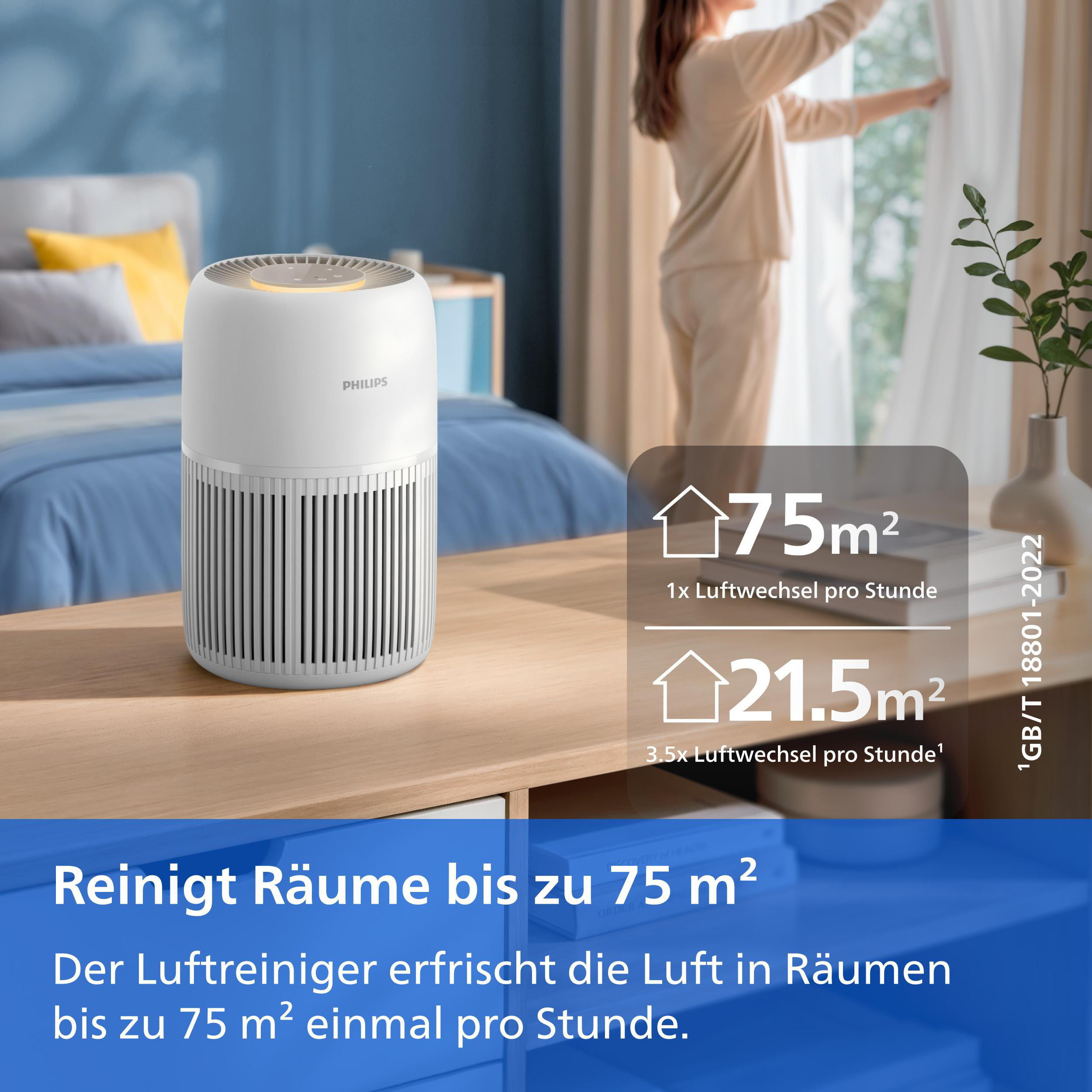 Ein weißer Philips Luftreiniger auf einem Holztisch in einem sonnigen Schlafzimmer.