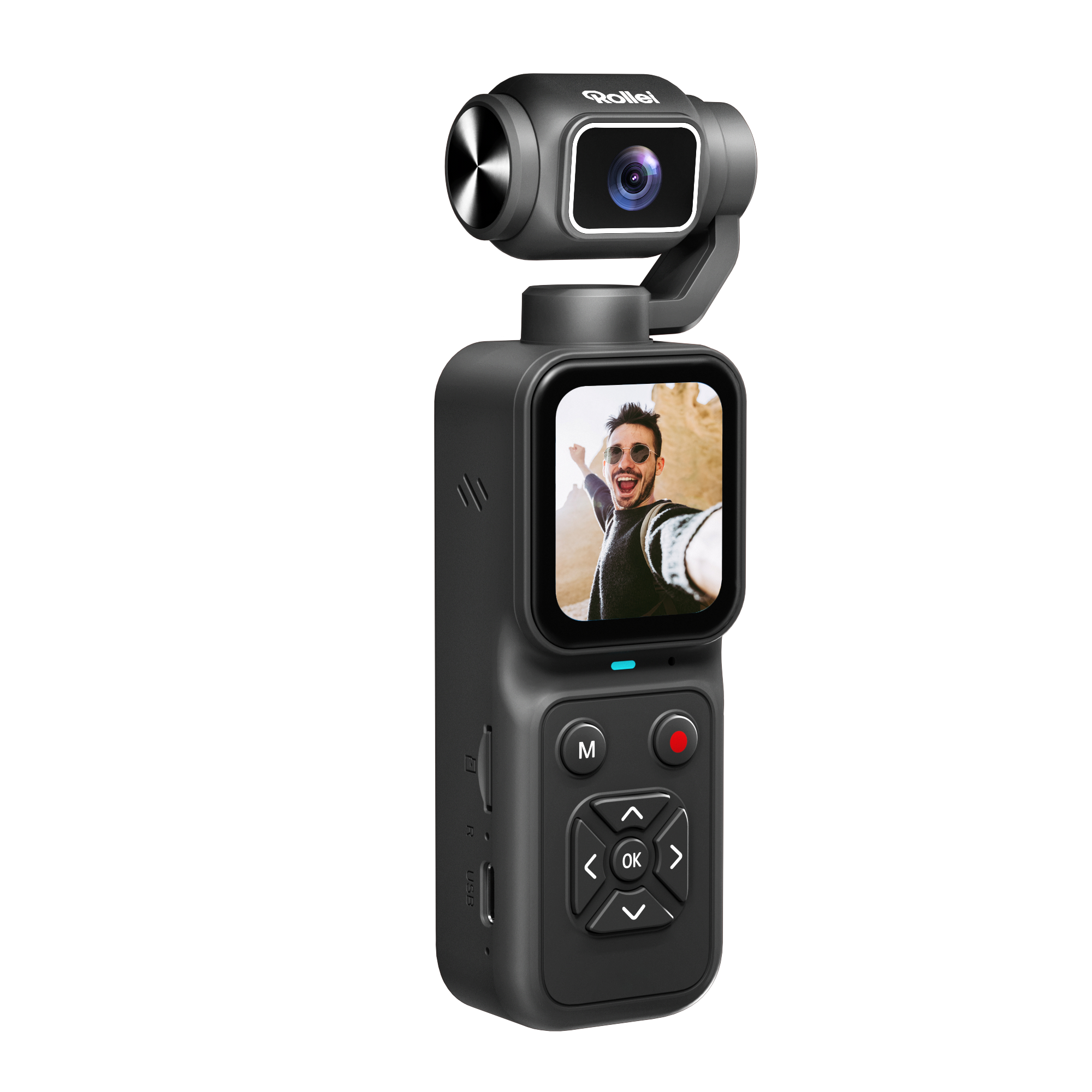 Schwarze Rollei Handkamera mit Gimbal und Display, das einen selfie-fotografierenden Mann zeigt.