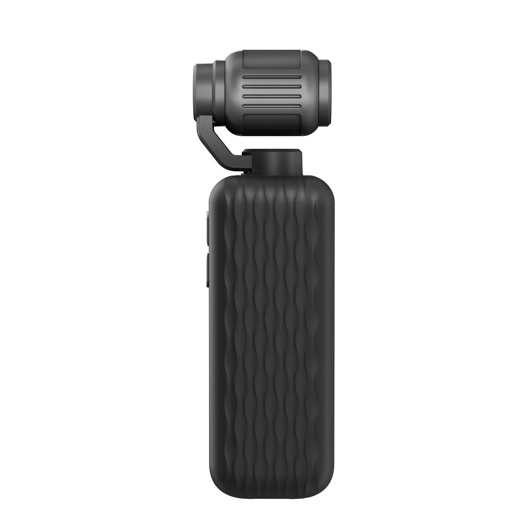 Eine schwarze Taschen-Gimbal-Kamera mit strukturiertem Griff und drehbarer Kameralinse oben, isoliert auf weißem Grund.
