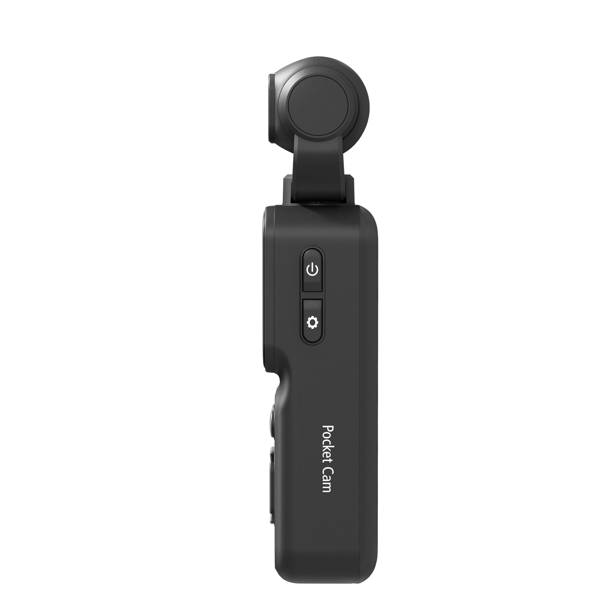 Schwarze Pocket-Kamera mit Gimbal und Bedienelementen, seitlich auf hellem Hintergrund abgebildet.