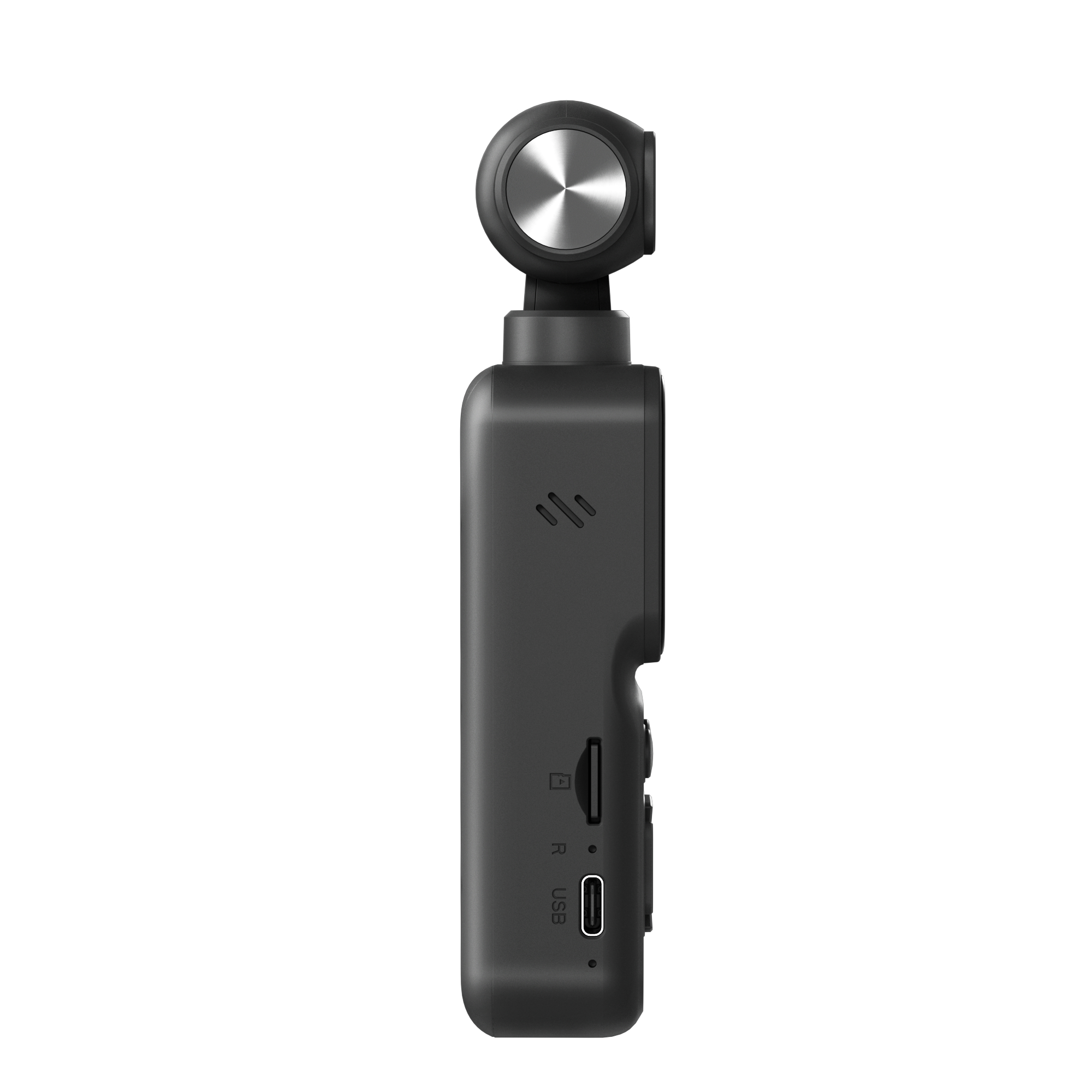 Seitenansicht einer schwarzen Handheld-Taschenkamera mit Gimbal-Linse, USB-C-Anschluss und Speicherkartenschlitz vor weißem Hintergrund.