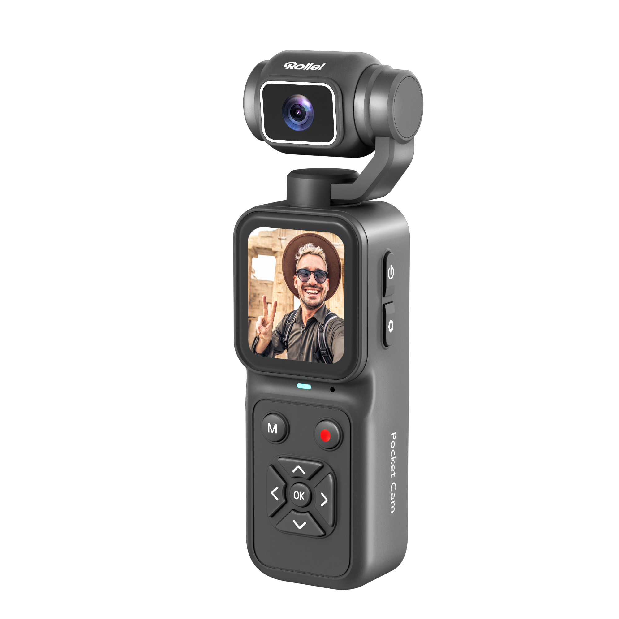 Eine schwarze Rollei Pocket Cam mit Gimbal-Kamera, Display und Tasten.