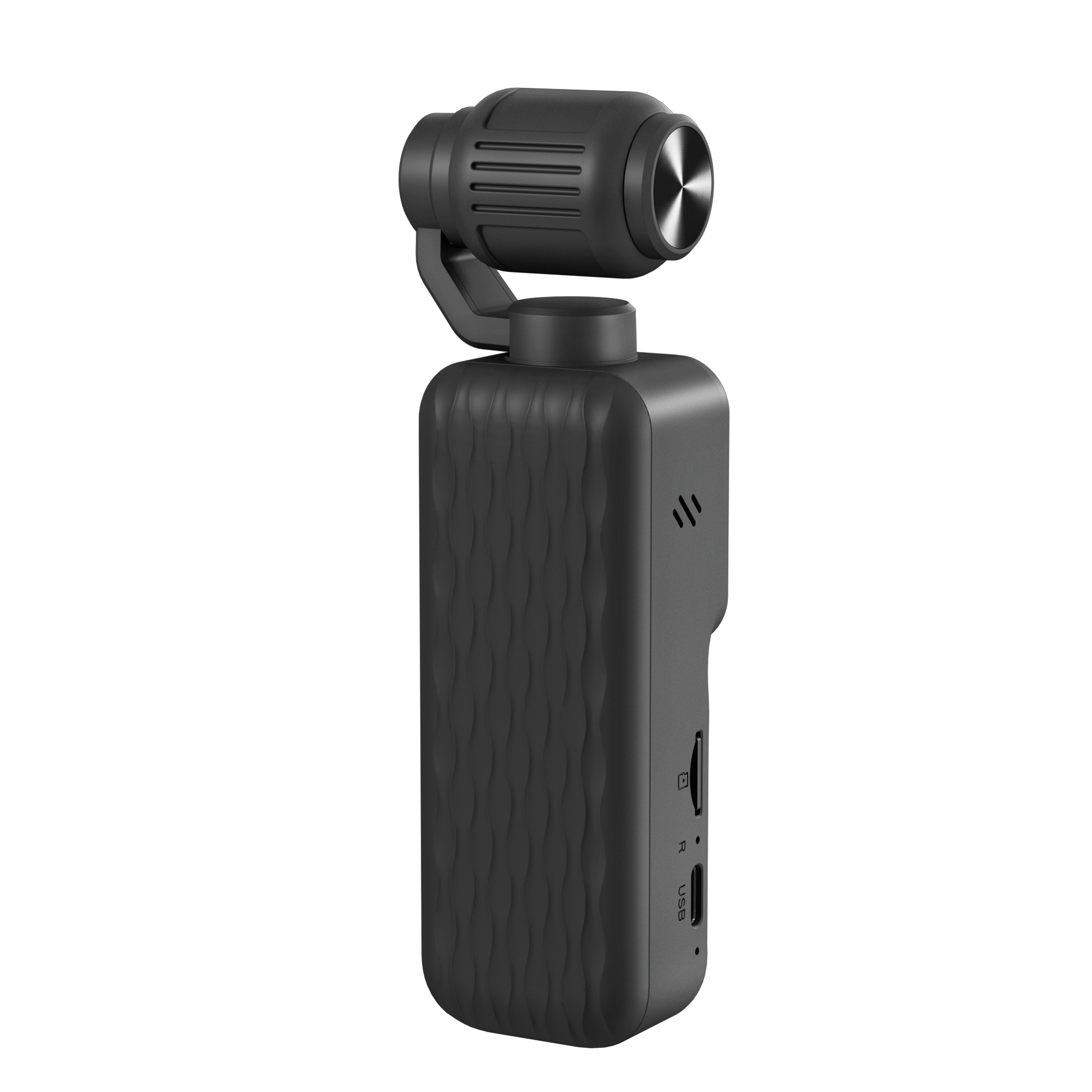 Eine schwarze Handheld-Gimbal-Kamera mit integriertem Griff und USB-Anschluss vor weißem Hintergrund.