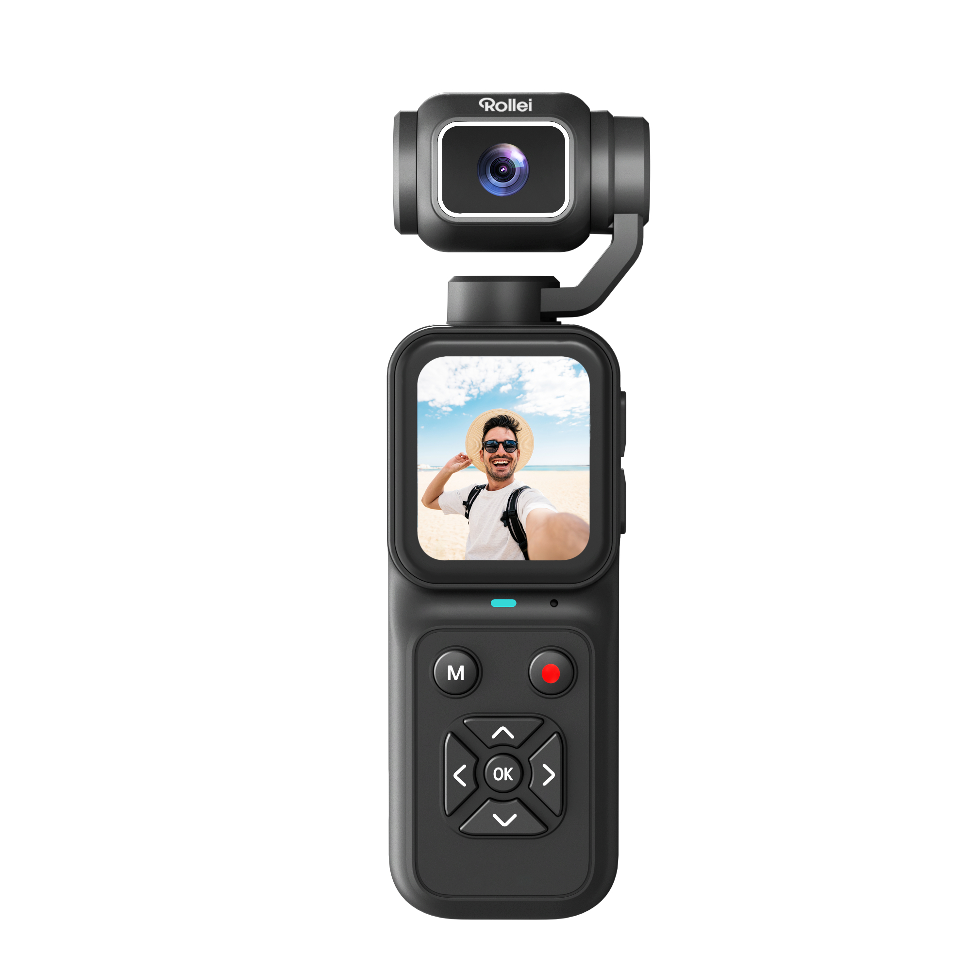 Schwarze Rollei Handkamera mit Bildschirm, der einen smilingen Mann am Strand zeigt.