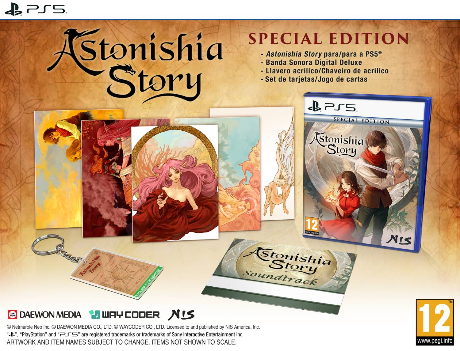 Edición especial de Astonishia Story para PS5 con juego, banda sonora, tarjetas y llavero.