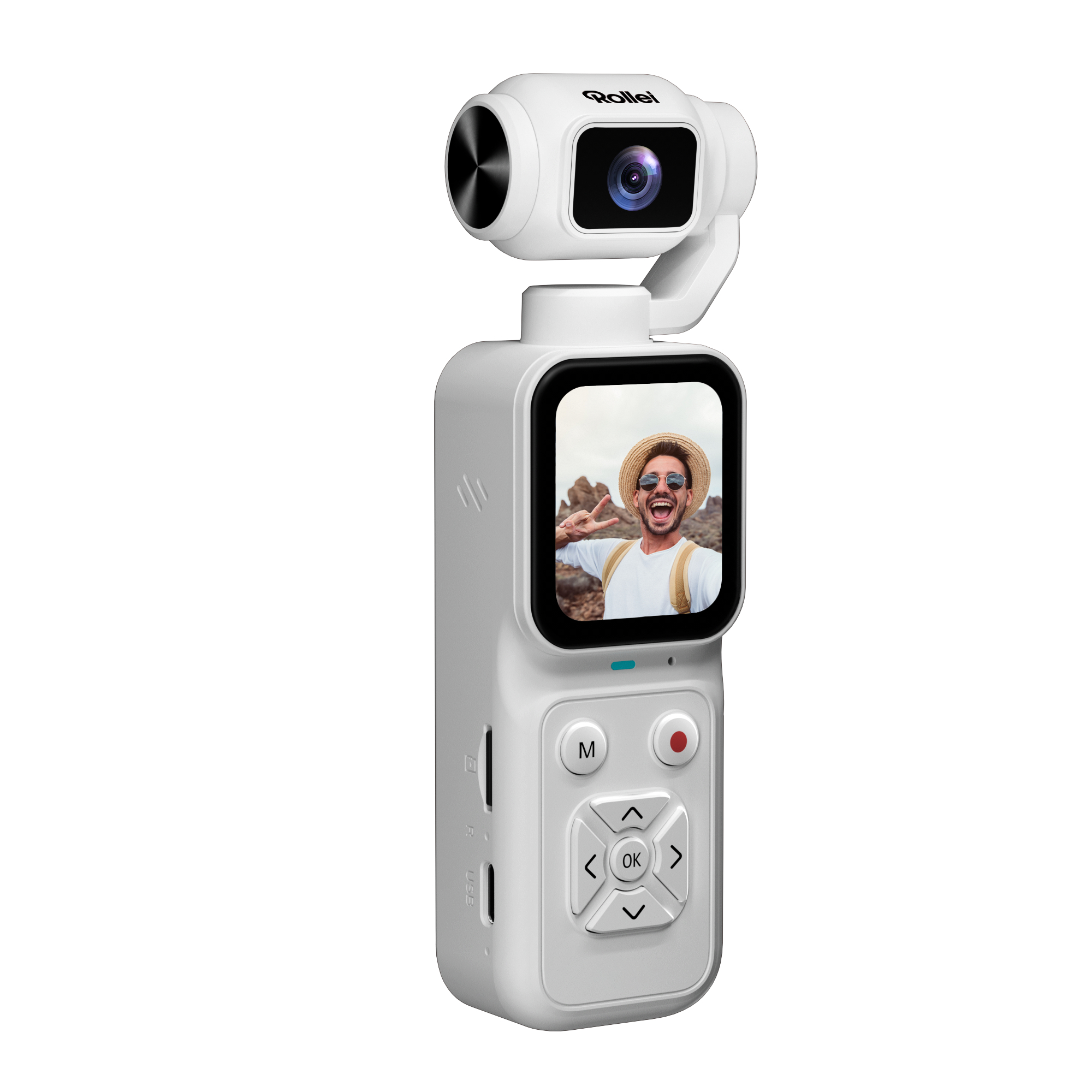 Weiße Rollei Handheld-Kamera mit integriertem Bildschirm und Gimbalkopf, auf weißem Hintergrund.