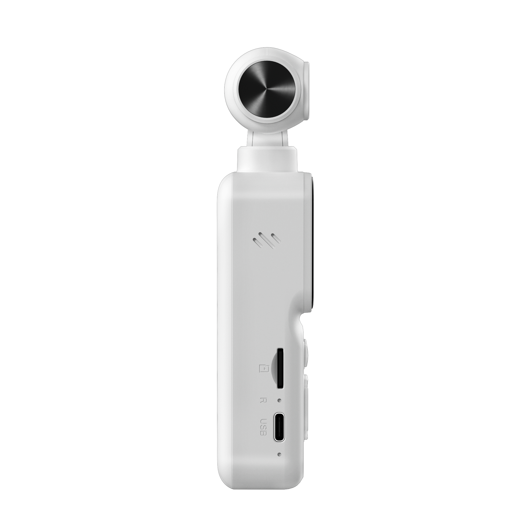 Seitenansicht einer weißen Handheld-Kamera mit integriertem Gimbal und USB-C-Anschluss.