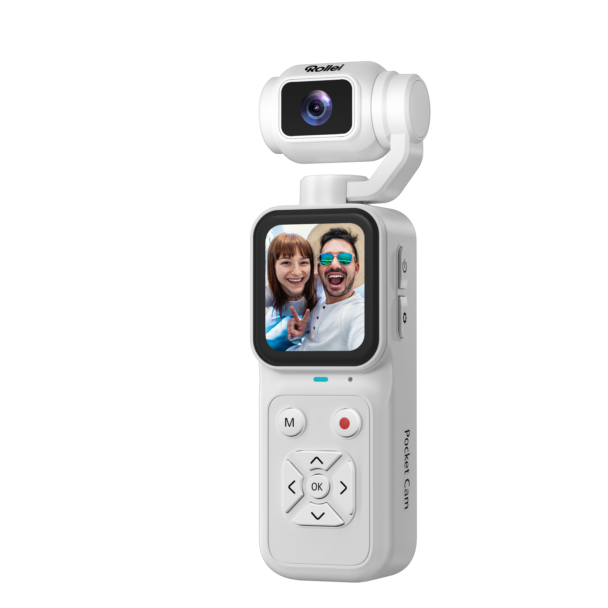 Weiße Rollei Pocket-Cam mit Bildschirm und rotierender Kamera auf weißem Hintergrund.