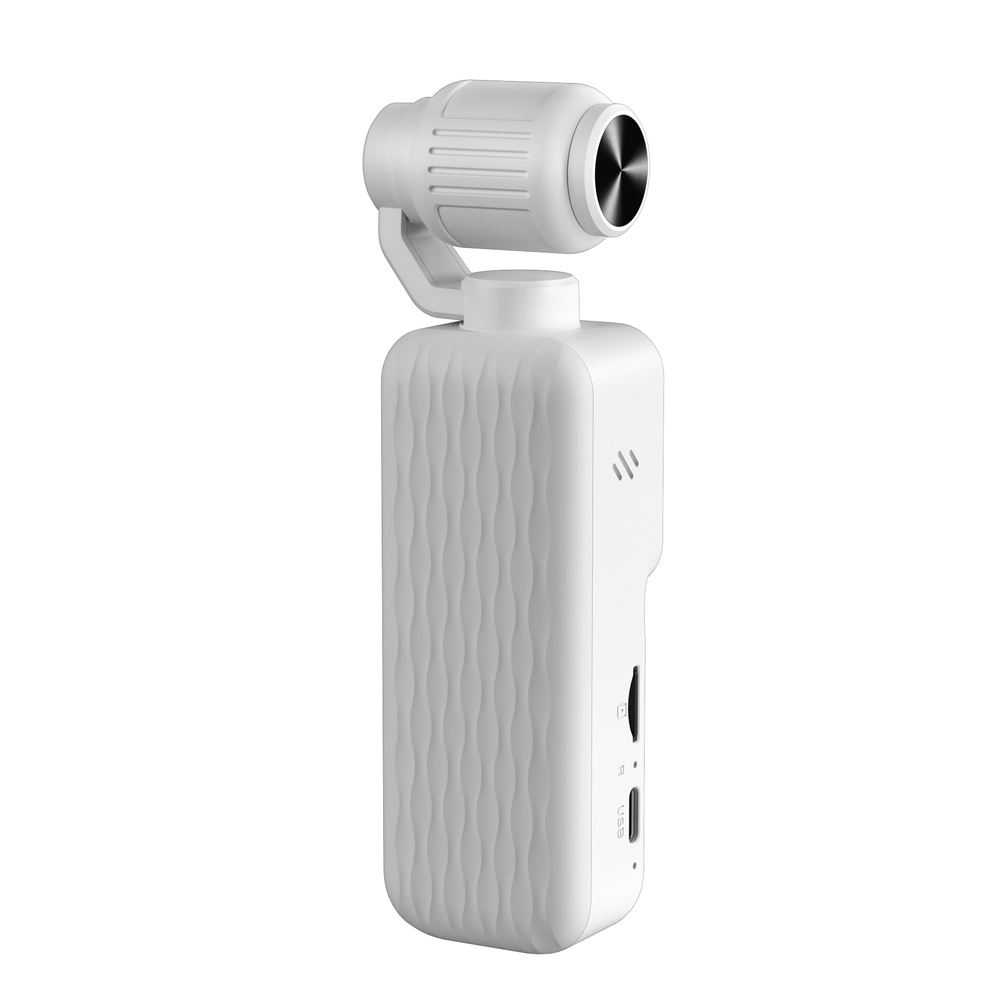 Eine weiße Handkamera mit integriertem Gimbal und schwarzem Kameraobjektiv auf einem weißen Hintergrund.