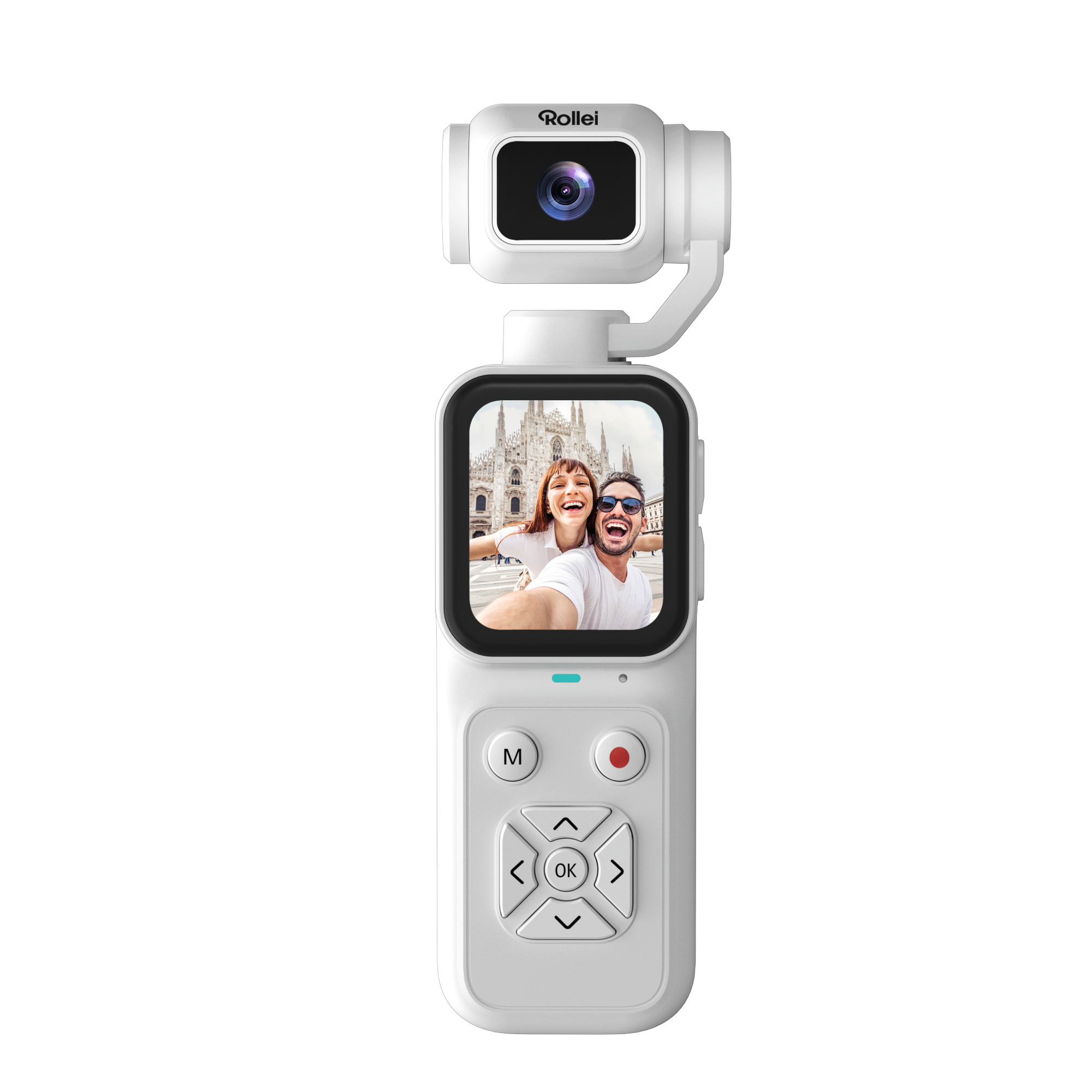 Eine weiße Rollei Pocket-Kamera mit Bildschirm zeigt ein Paar, das vor einer Kathedrale selfies macht.