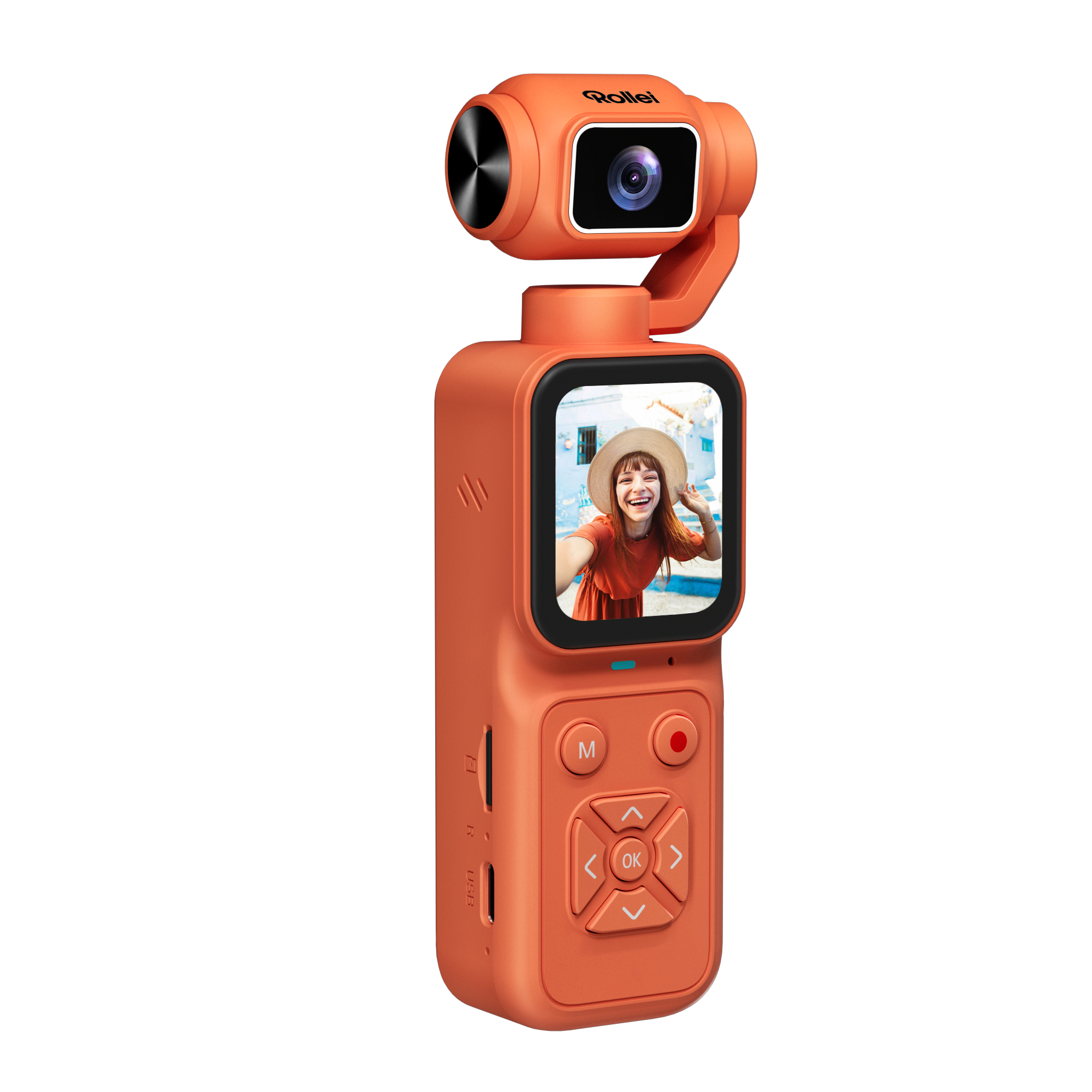 Eine orangefarbene Gimbal-Kamera mit Bildschirm und Steuertasten vor weißem Hintergrund.