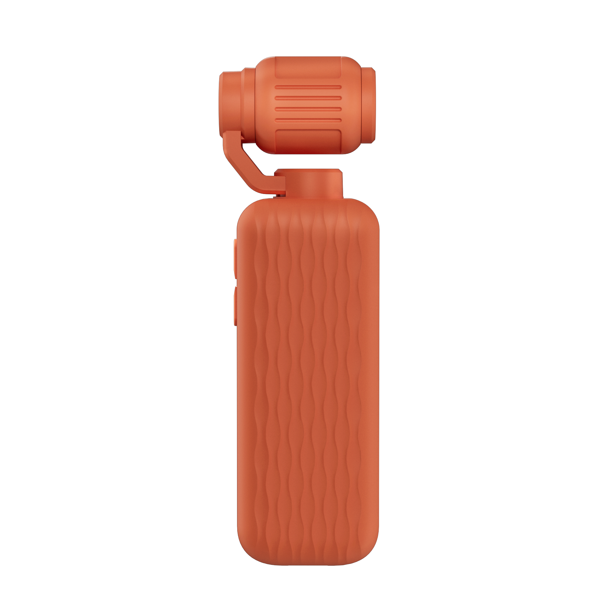 Eine orangefarbene Handkamera mit integriertem Gimbal und Griff auf weißem Hintergrund.