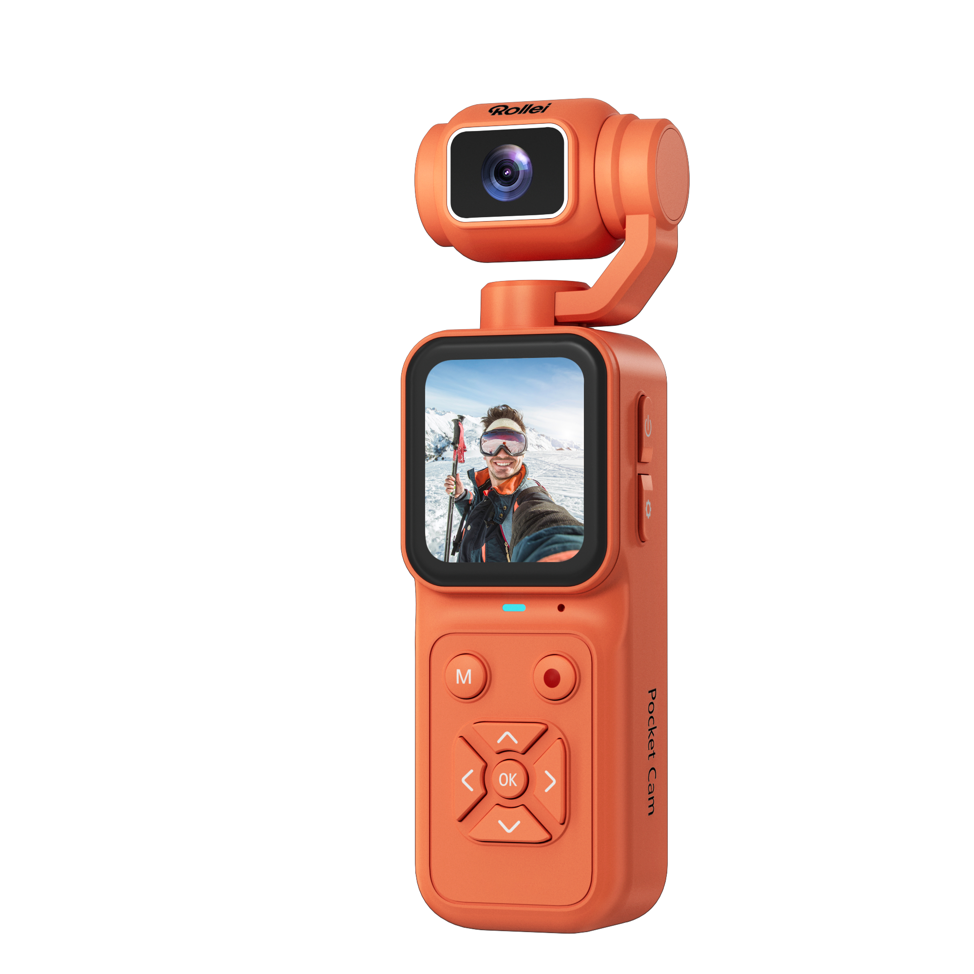 Eine orangefarbene Pocket-Kamera mit integriertem Bildschirm, die einen Skifahrer in schneebedeckten Bergen zeigt.