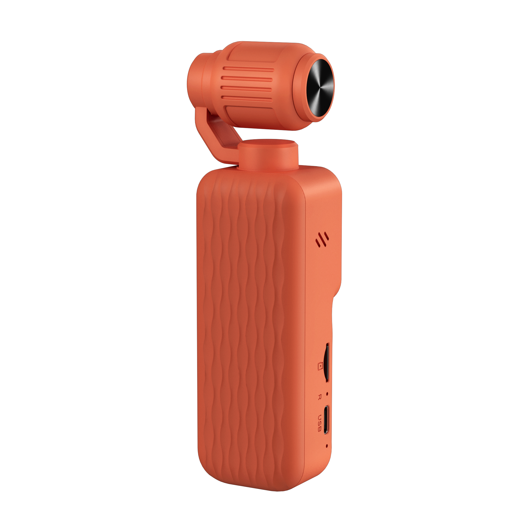 Eine orangefarbene Gimbal-Kamera mit integriertem Handgriff und USB-Anschluss vor weißem Hintergrund.