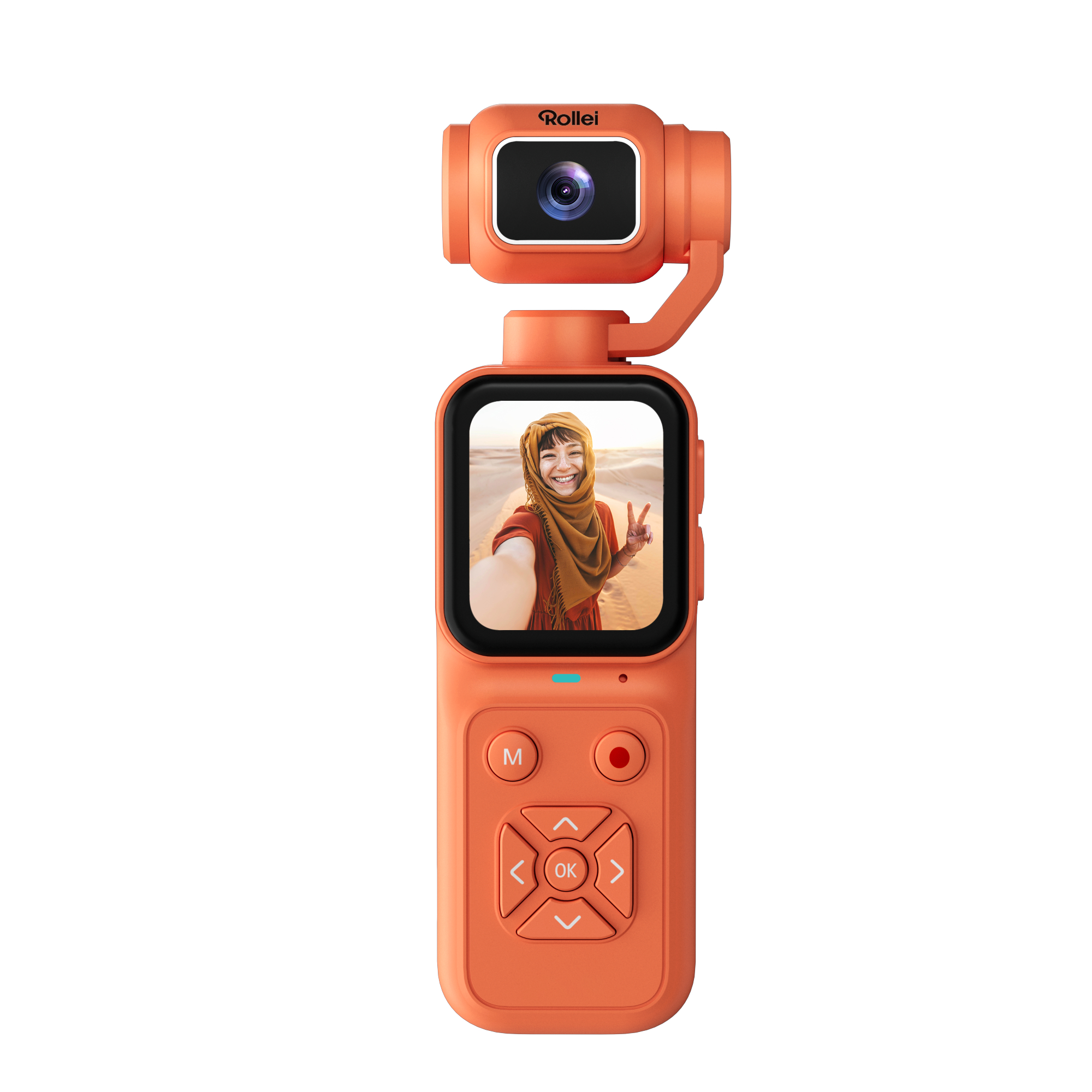 Eine orangefarbene Gimbal-Kamera mit Bildschirm zeigt eine lächelnde Frau in der Wüste.