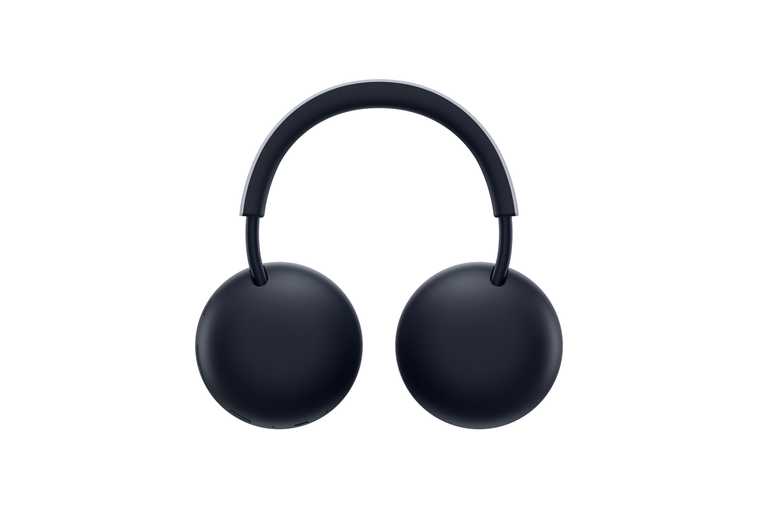 Auriculares supraurales azul oscuro con diseño redondo sobre fondo negro.