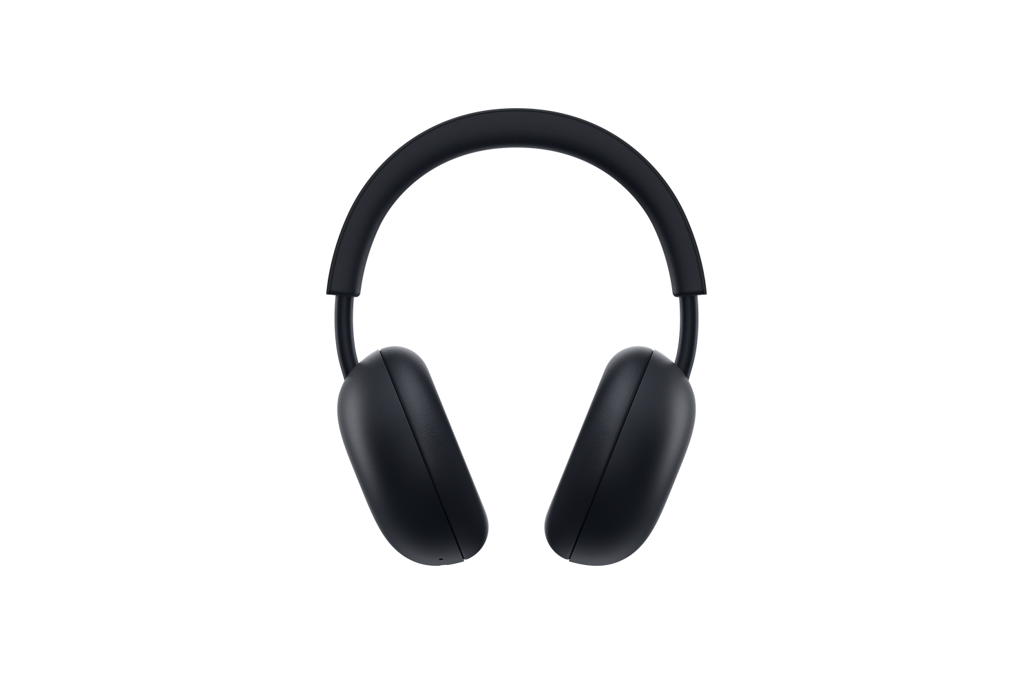 Auriculares inales de diadema negros centrados sobre fondo negro.