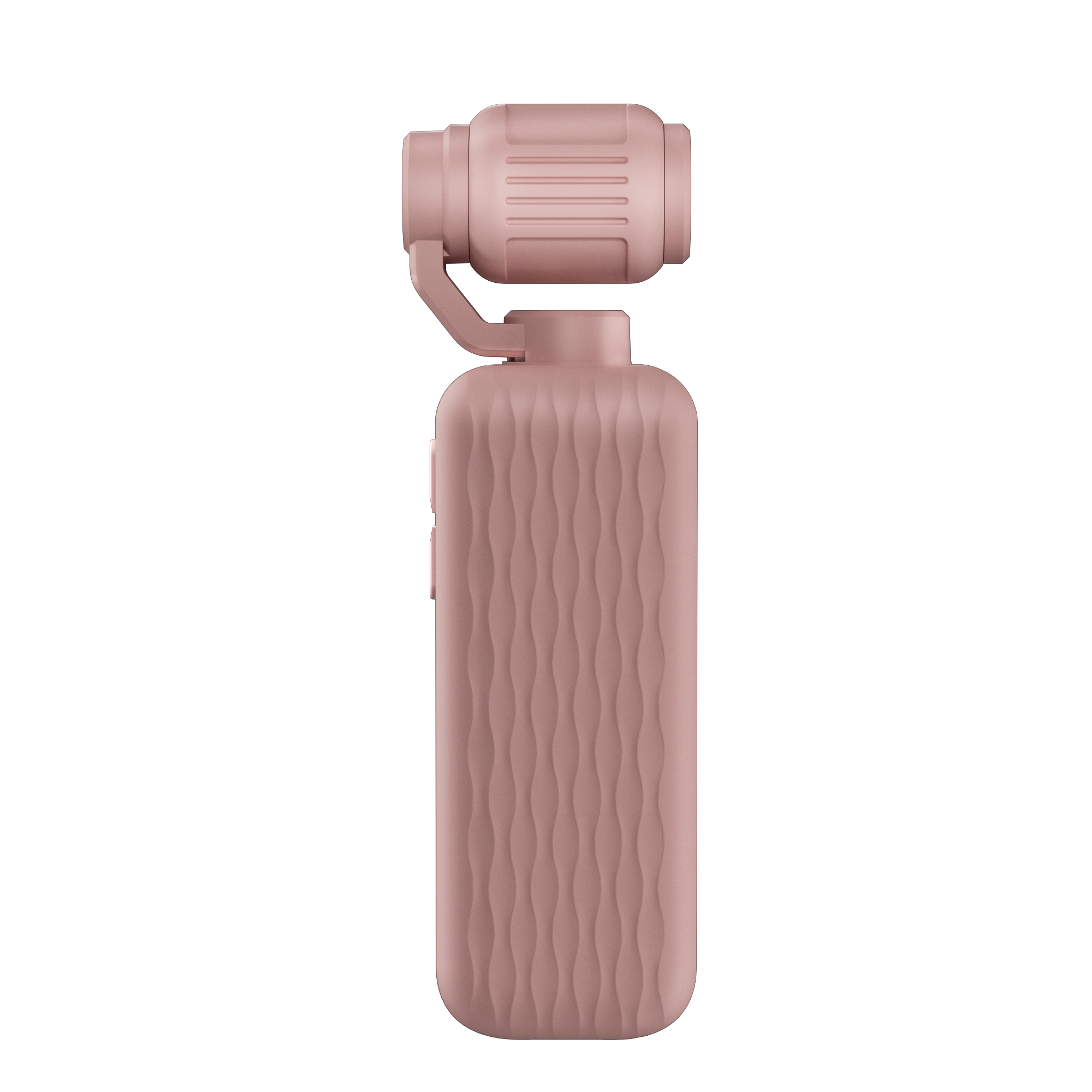 Eine matte, rosafarbene Handheld-Gimbal-Kamera mit strukturiertem Griff vor weißem Hintergrund.