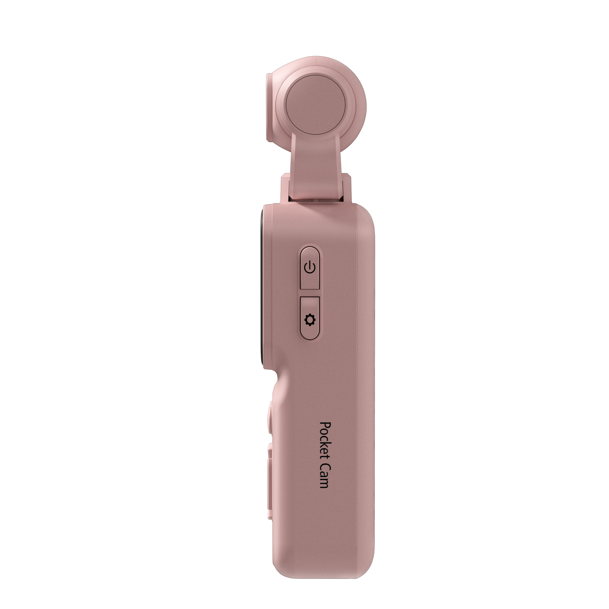 Eine rosafarbene Pocket-Kamera mit Gimbal-Kopf und Power-Taste im Profil auf weißem Hintergrund.