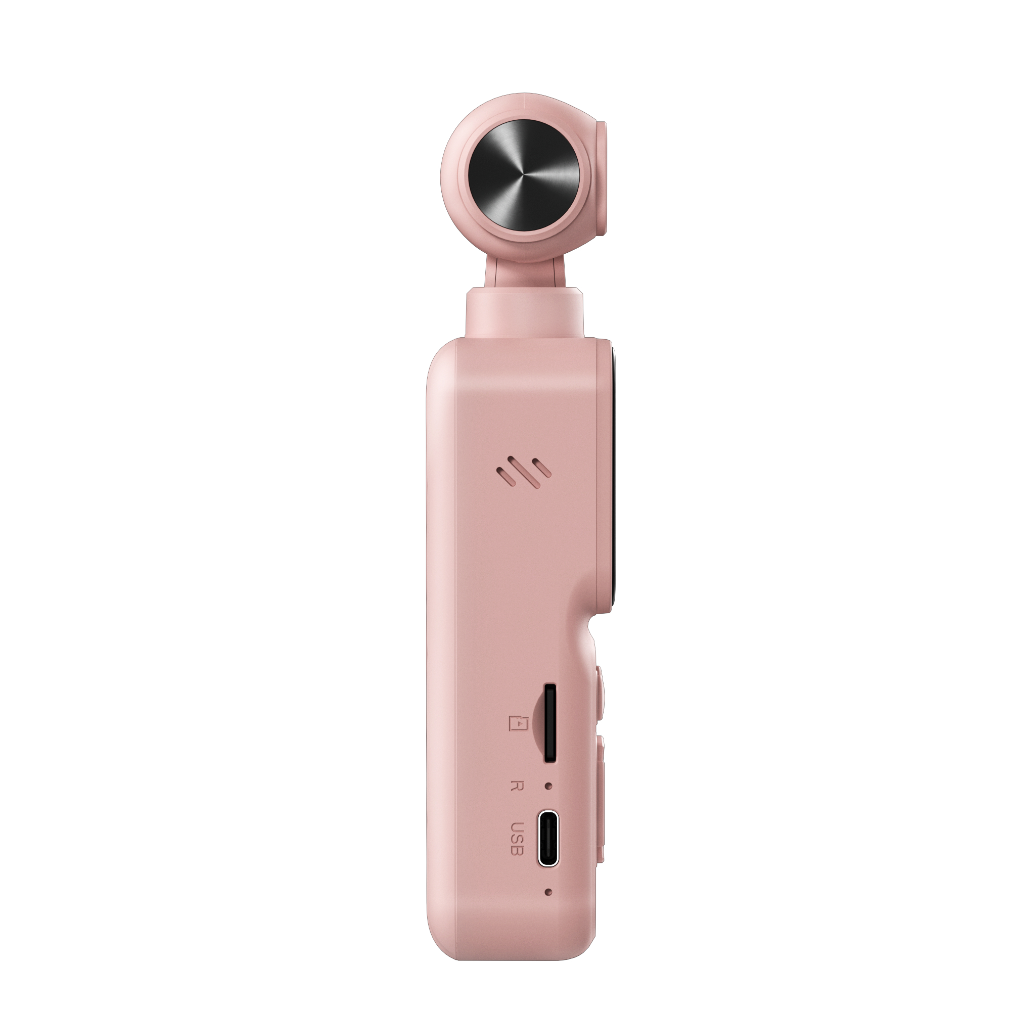 Eine rosa Handkamera im Querformat, seitlich mit SD-Karten- und USB-C-Anschluss.