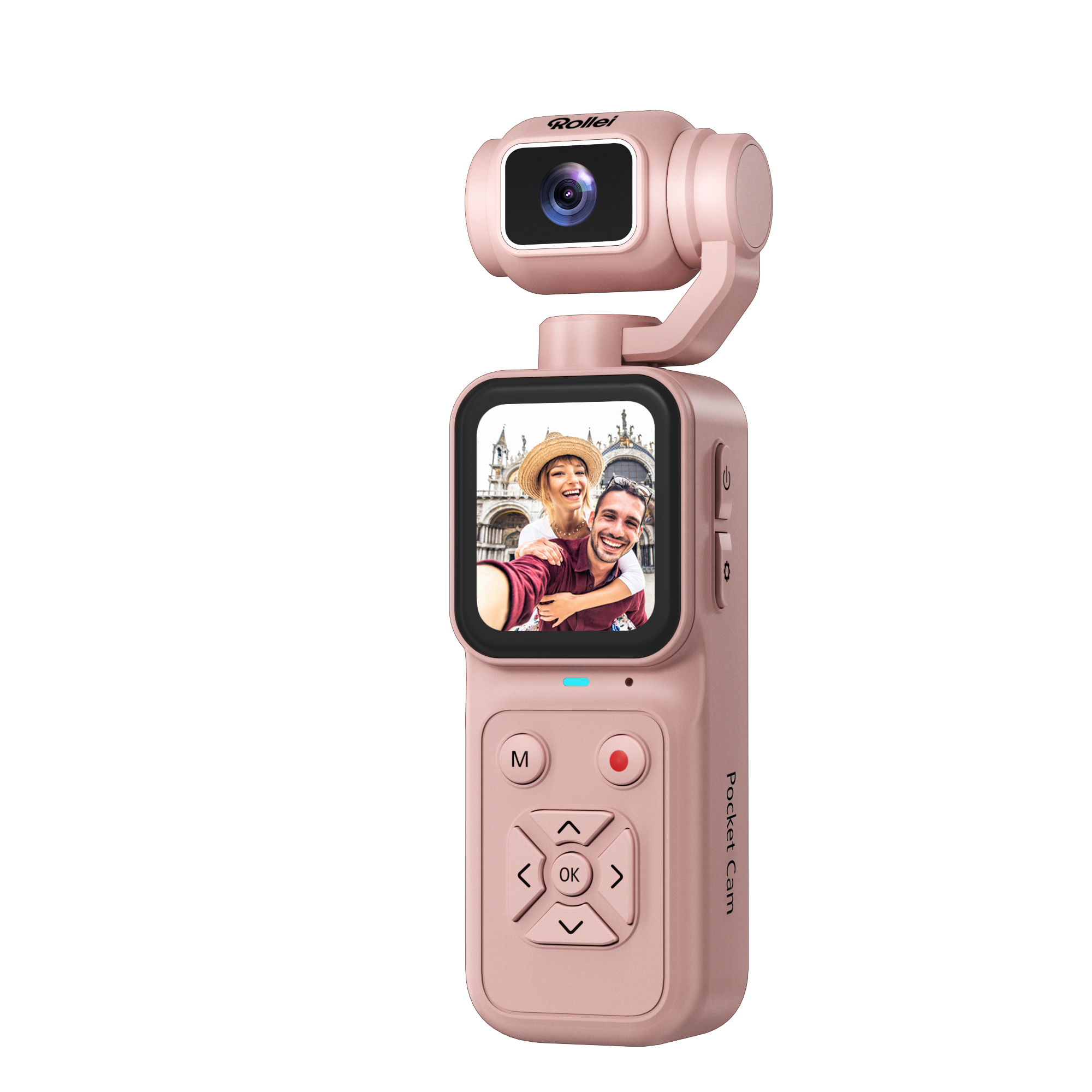 Rosa Pocket-Kamera mit Gimbal-Linse, Bildschirm zeigt Paar-Selfie und Steuertasten.