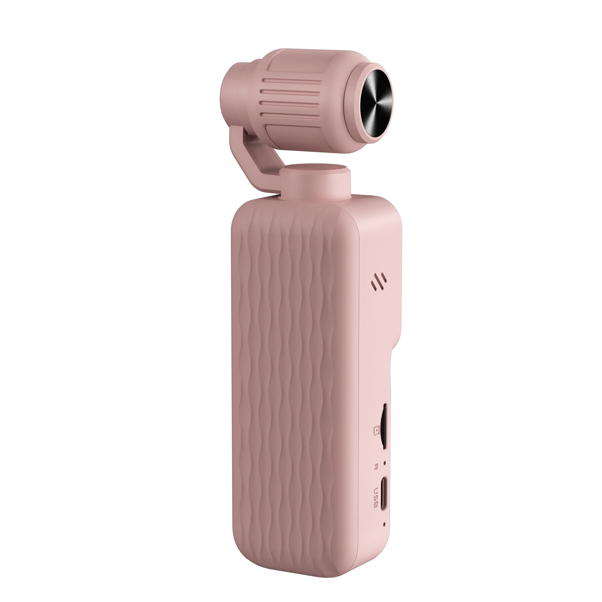 Eine rosafarbene Mini-Gimbal-Kamera mit integriertem Griff, Seitenports und schwarzem Kameraobjektiv auf weißem Grund.