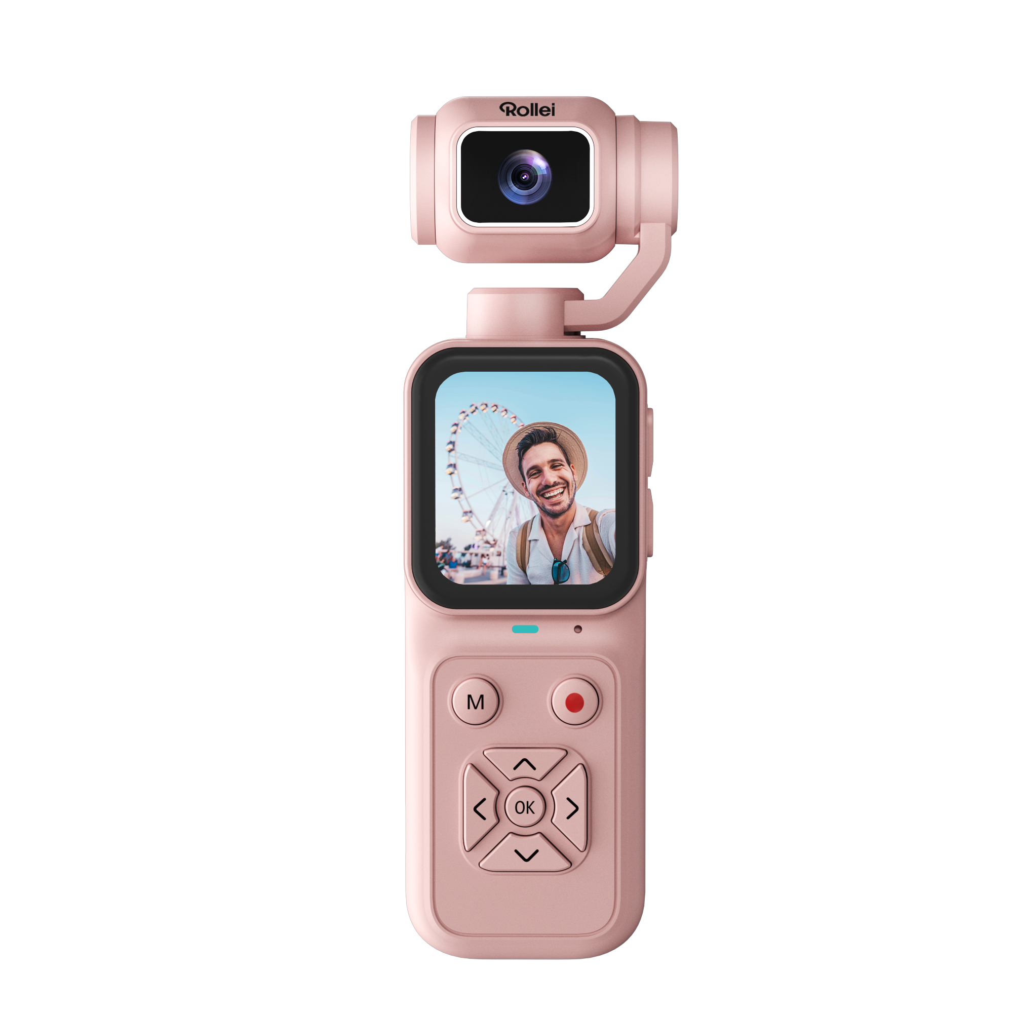 Eine rosa Hand-Gimbal-Kamera mit einem lächelnden Mann vor einem Riesenrad auf dem Bildschirm.
