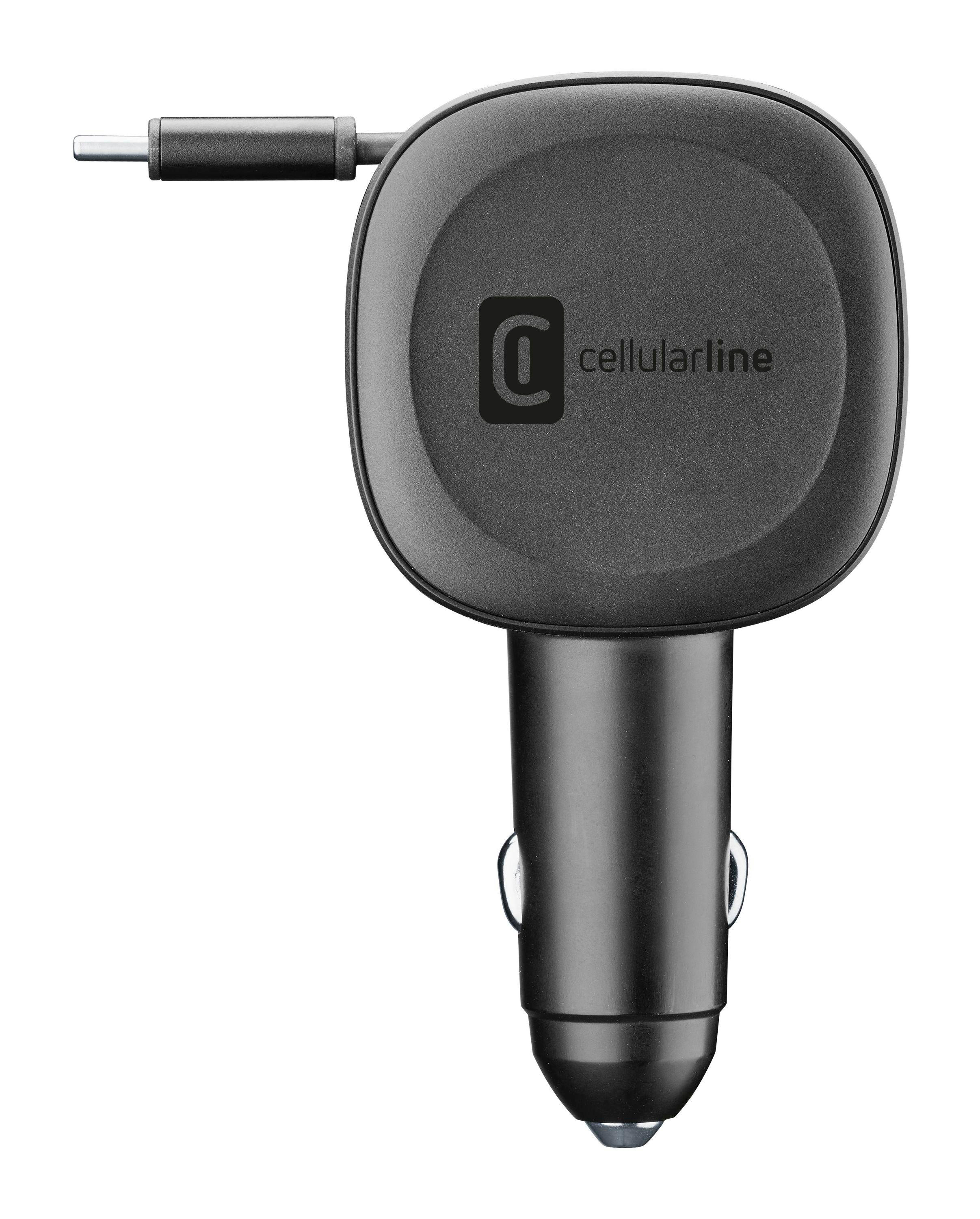 Schwarzes Cellularline Kfz-Ladegerät mit integriertem Kabel und Stecker vor weißem Hintergrund.
