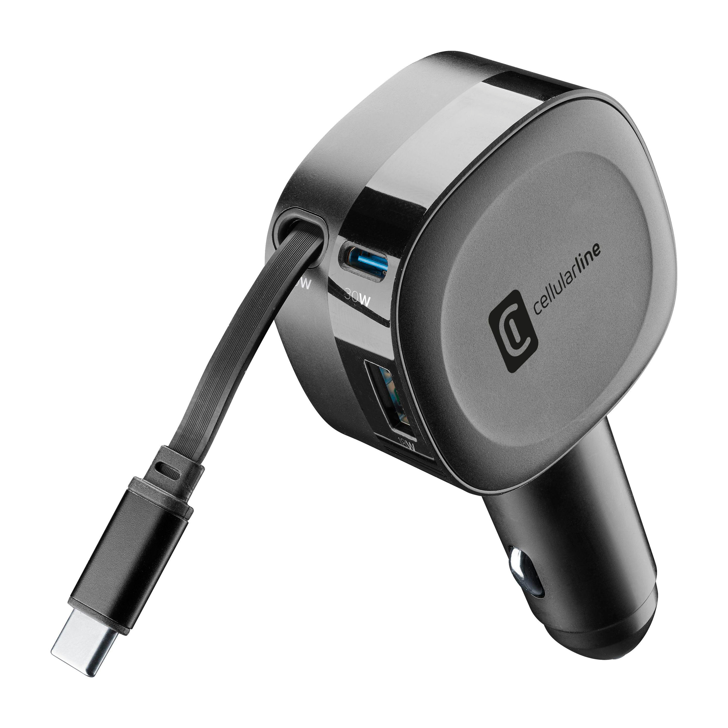 Schwarzes Cellularline Kfz-Ladegerät mit USB-A- und USB-C-Anschlüssen sowie integriertem Kabel.