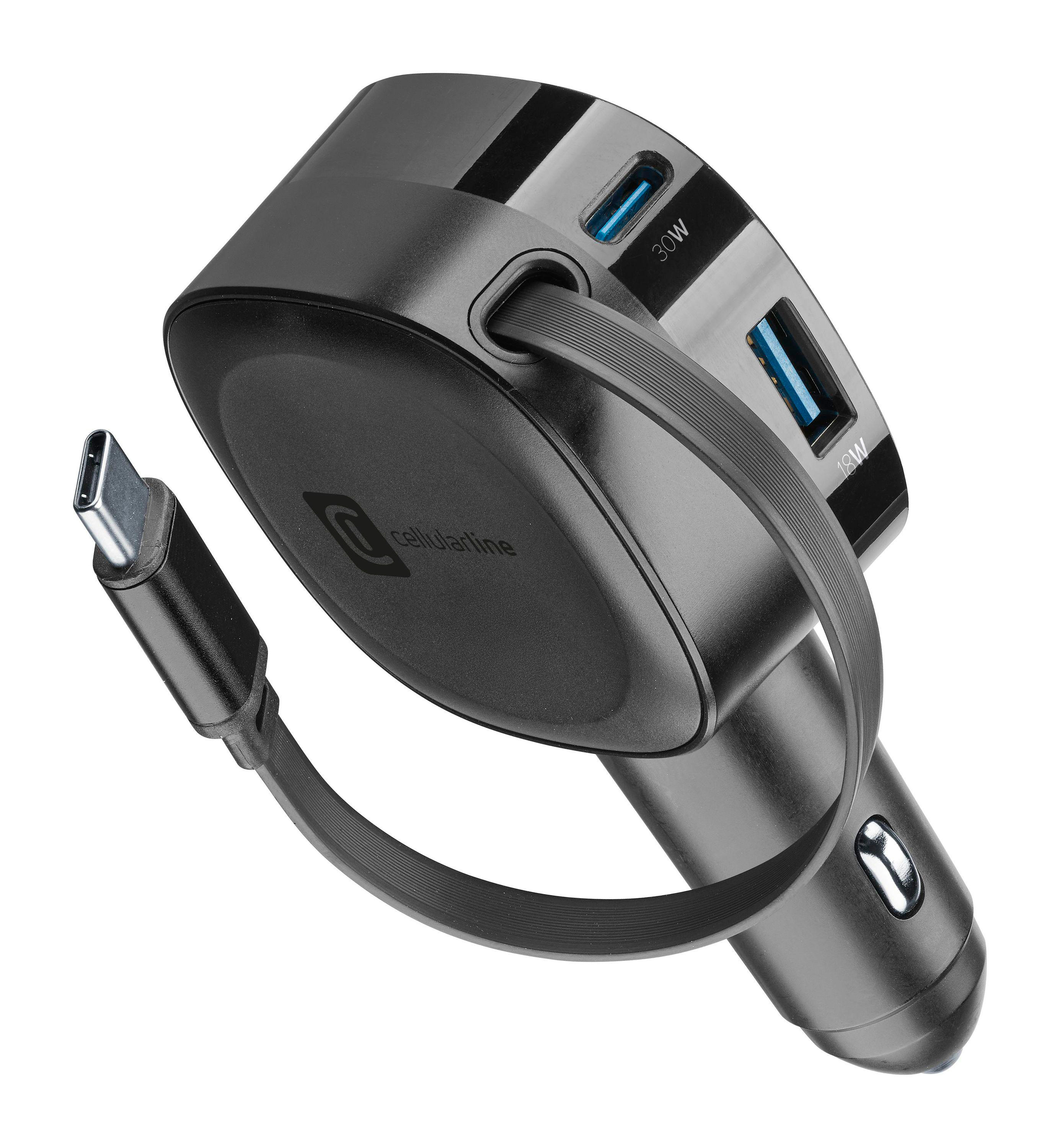 Schwarzes Cellularline Kfz-Ladegerät mit integriertem USB-C-Kabel und zusätzlichen USB-Ports.