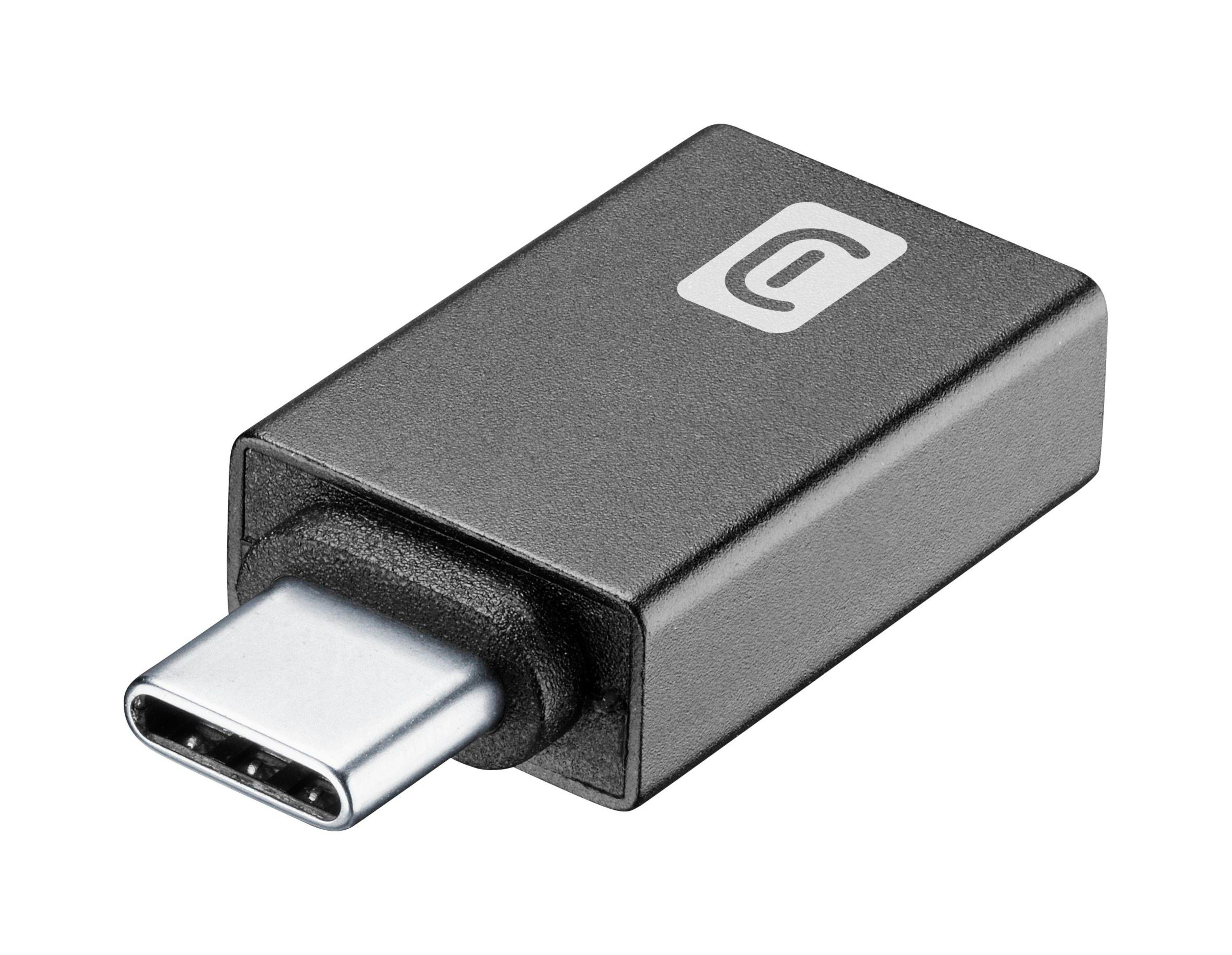 Ein kleiner schwarzer USB-C-Adapter mit einem silbernen Stecker und einem weißen Logo auf weißem Hintergrund.