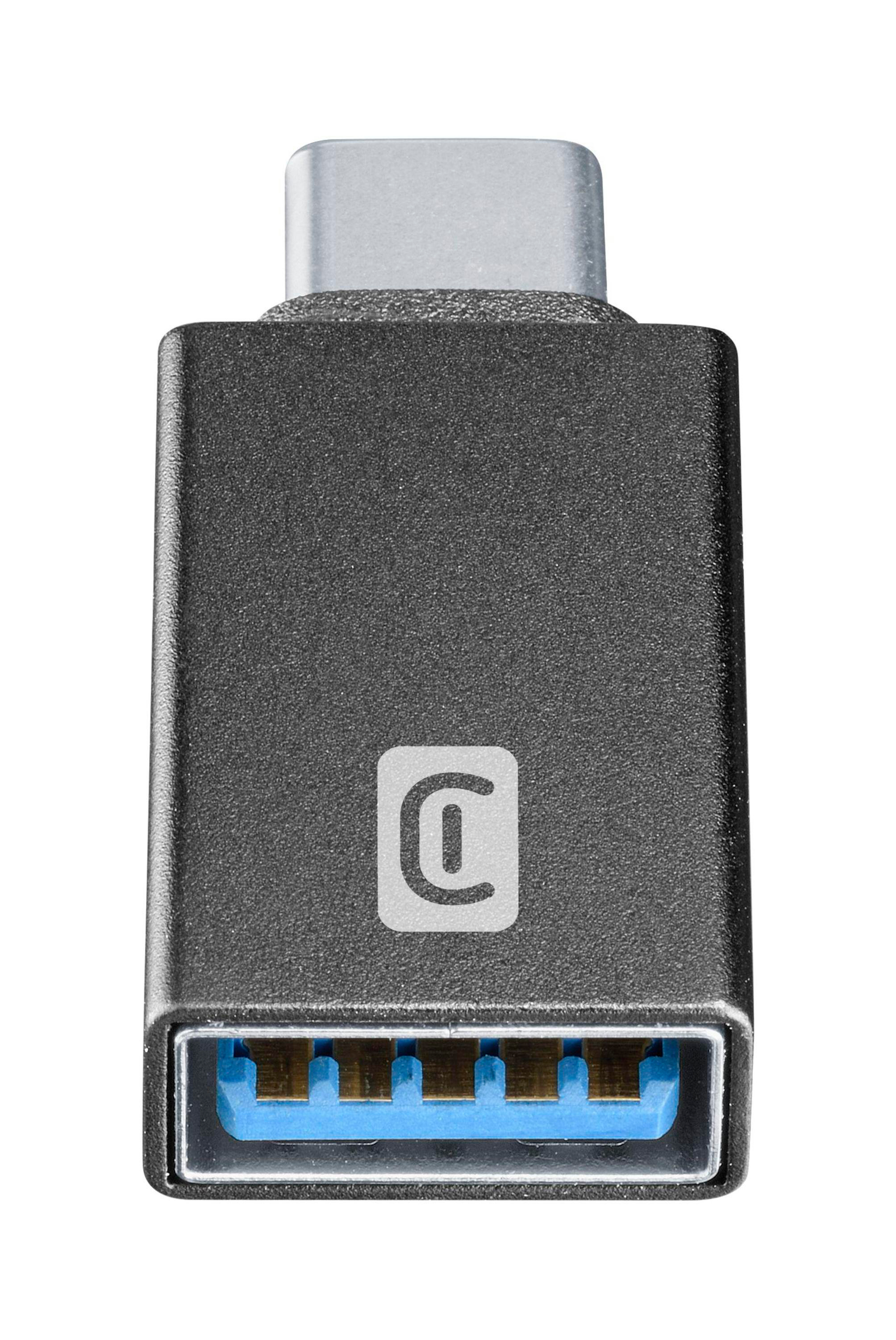 Ein schwarzer USB-C-Adapter mit einem blauen USB-Anschluss und weißem Logo.