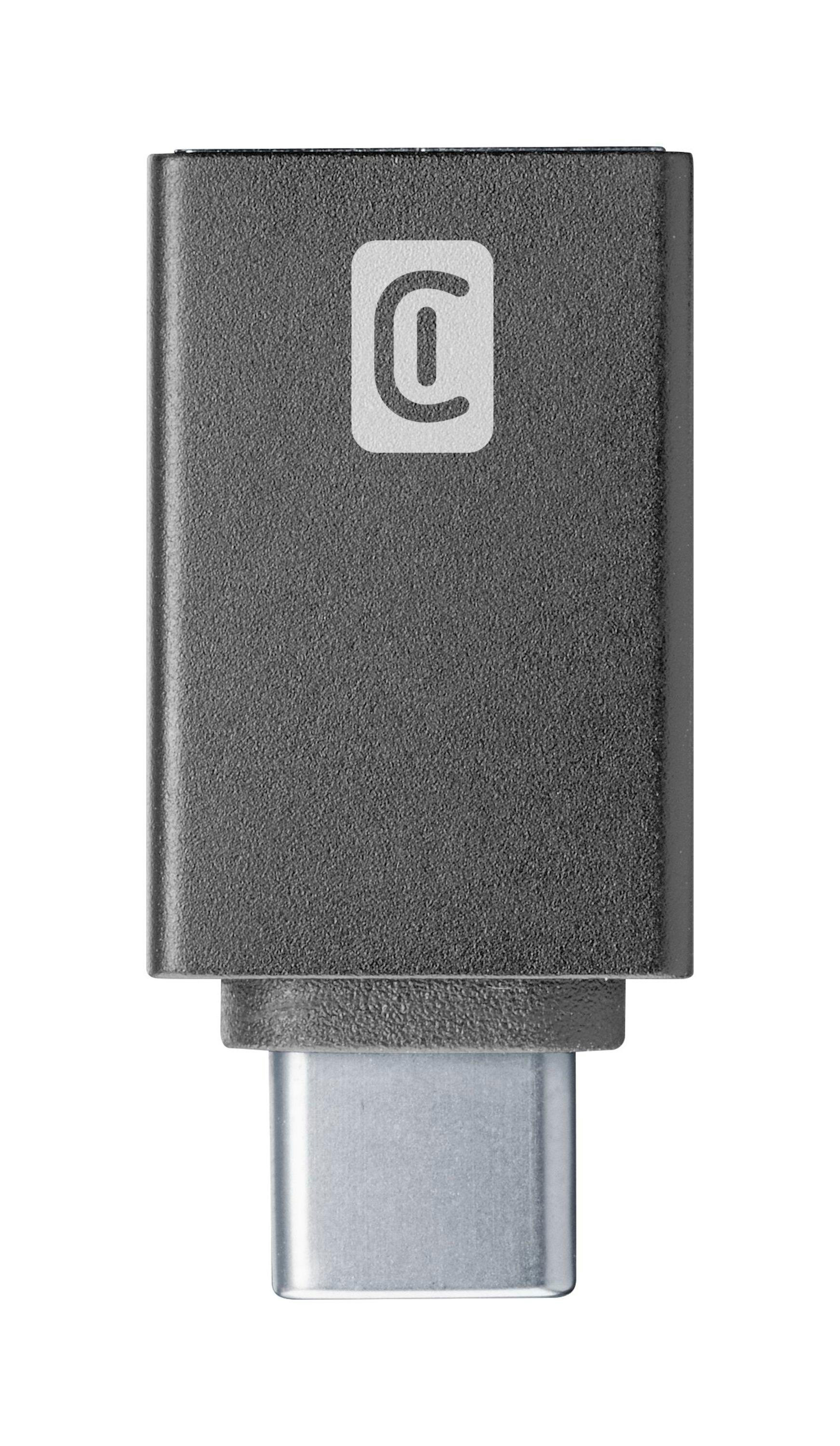 Ein schwarzer USB-C-Adapter mit einem silbernen Anschluss und einem weißen Logo.