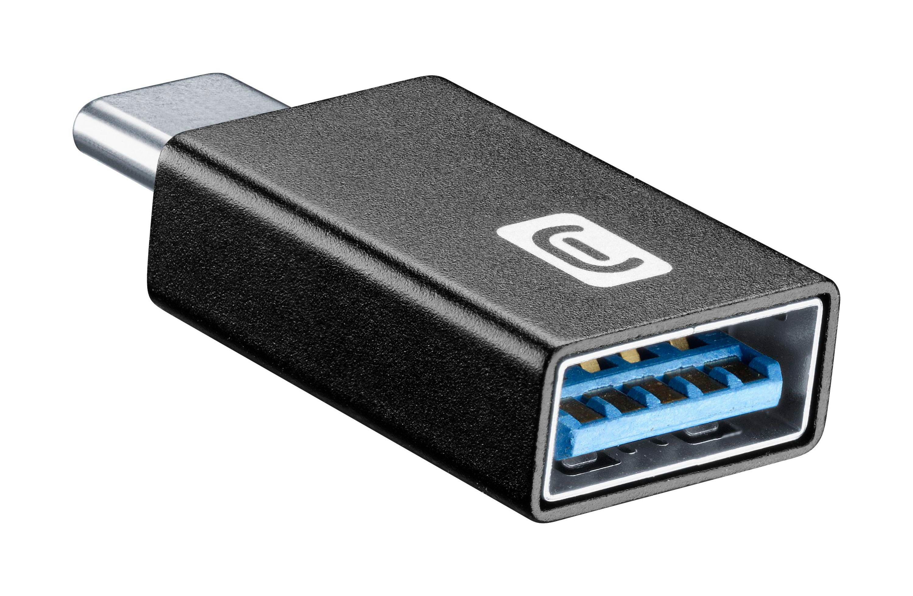 Ein schwarzer USB-C-zu-USB-A-Adapter vor weißem Hintergrund.