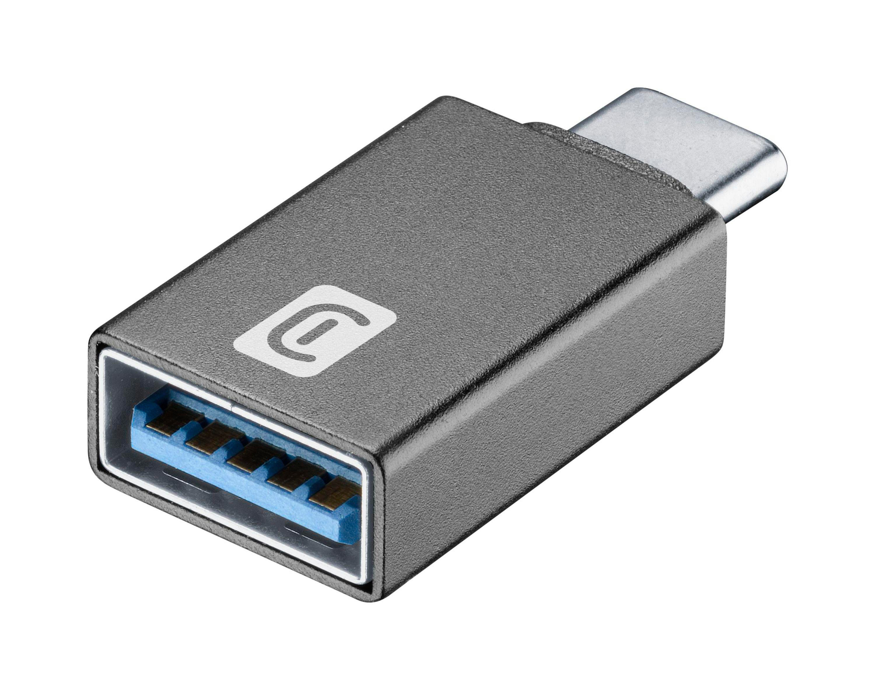Grauer USB-C auf USB-A Adapter mit weißem Logo auf der Oberfläche.