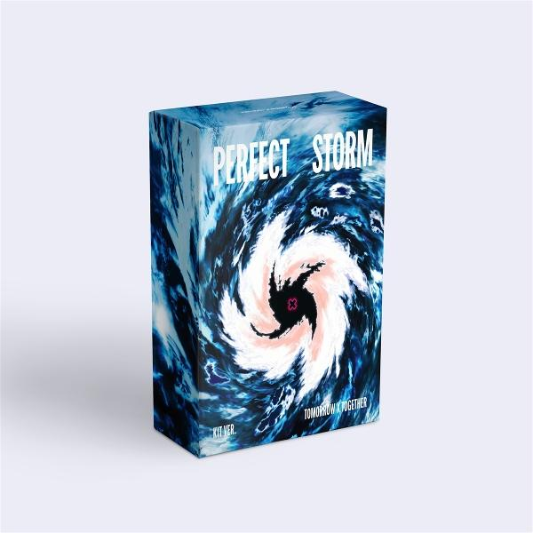 Eine rechteckige Schachtel mit der Aufschrift Perfect Storm zeigt eine Illustration eines blauen und weißen Sturms.