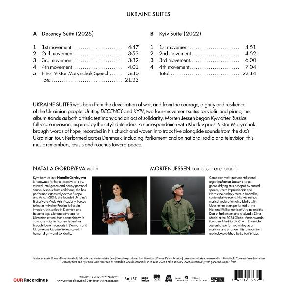 Rückseite des Albums Ukraine Suites mit Tracklisten, Beschreibungen und Fotos der Musiker Natalia Gordeyeva und Morten Jessen.