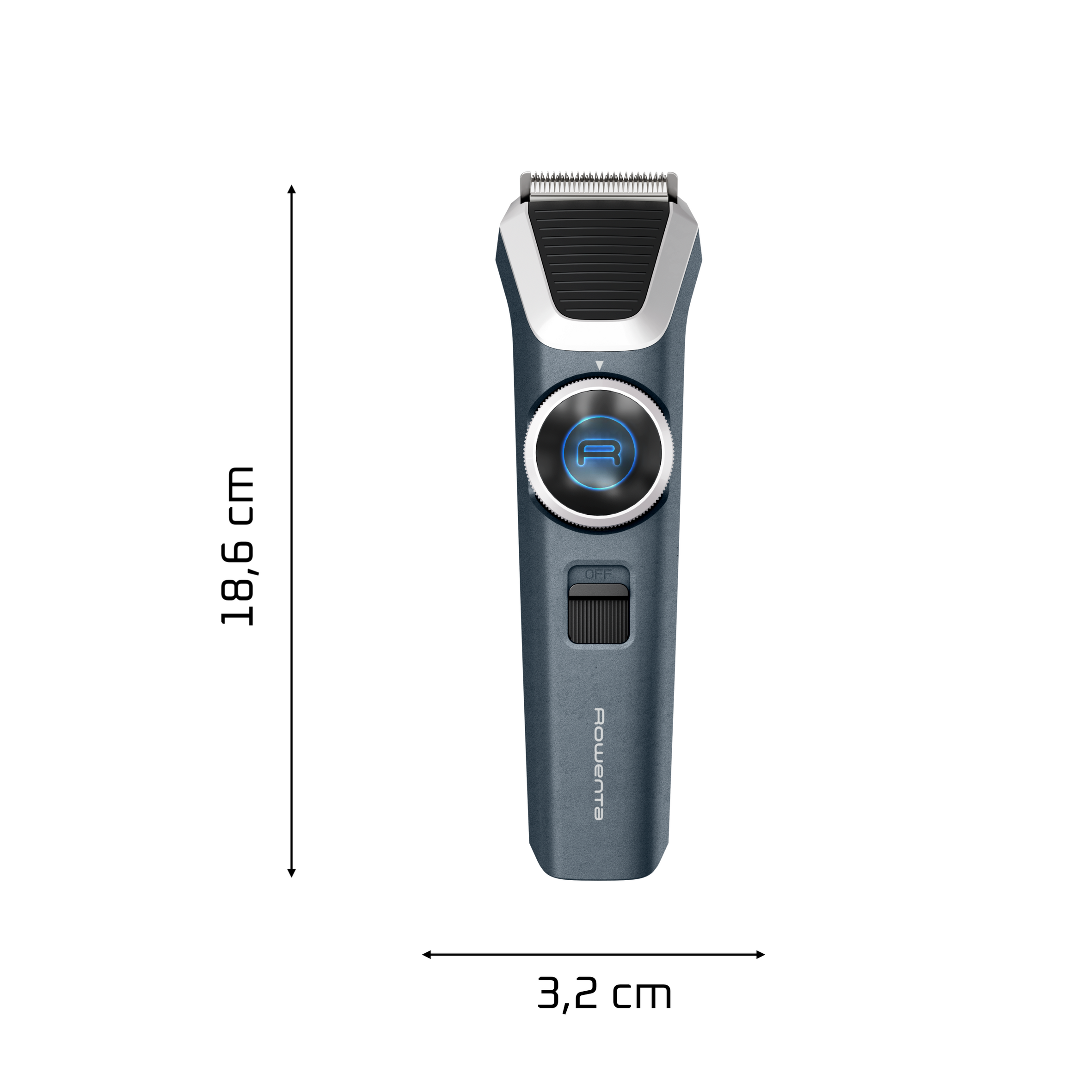 Recortadora de barba gris con cuchilla plateada, de 18,6 cm de alto y 3,2 cm de ancho.