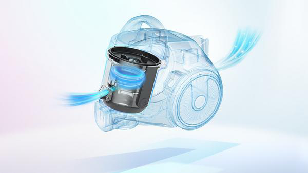 Transparente Darstellung eines Staubsaugers mit sichtbarem Luftstrom und Zyklontechnologie.