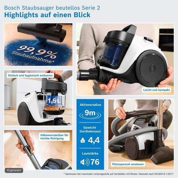 Infografik mit den Funktionen eines weiß-schwarzen beutellosen Bosch-Staubsaugers, einschließlich Staubaufnahme.