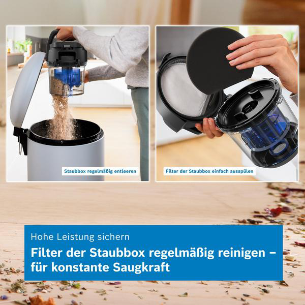 Staubbehälter in Mülltonne entleeren und Filter regelmäßig reinigen für optimale Saugleistung.
