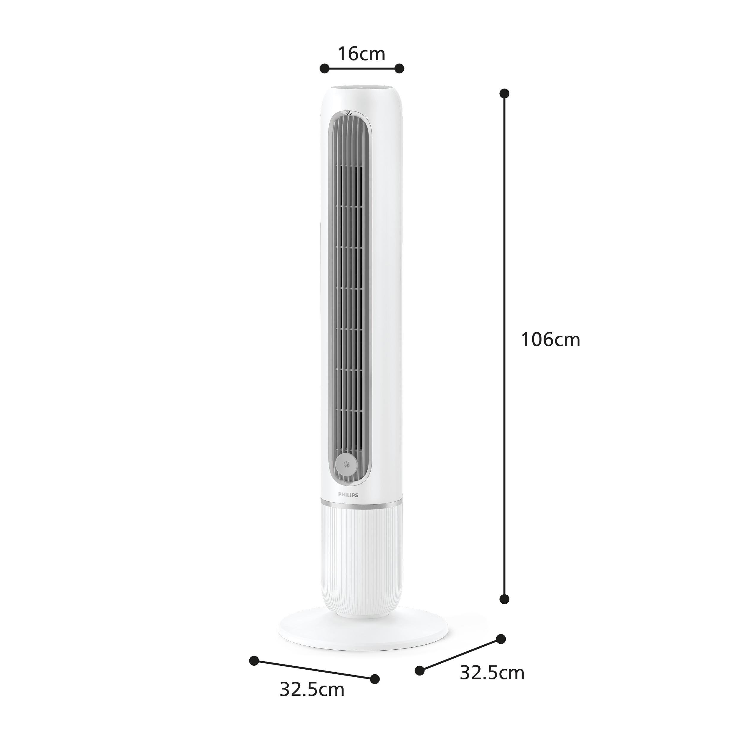 Weißer Philips Turmventilator mit Abmessungen: 16 cm Breite, 106 cm Höhe, 32,5 cm Tiefe.