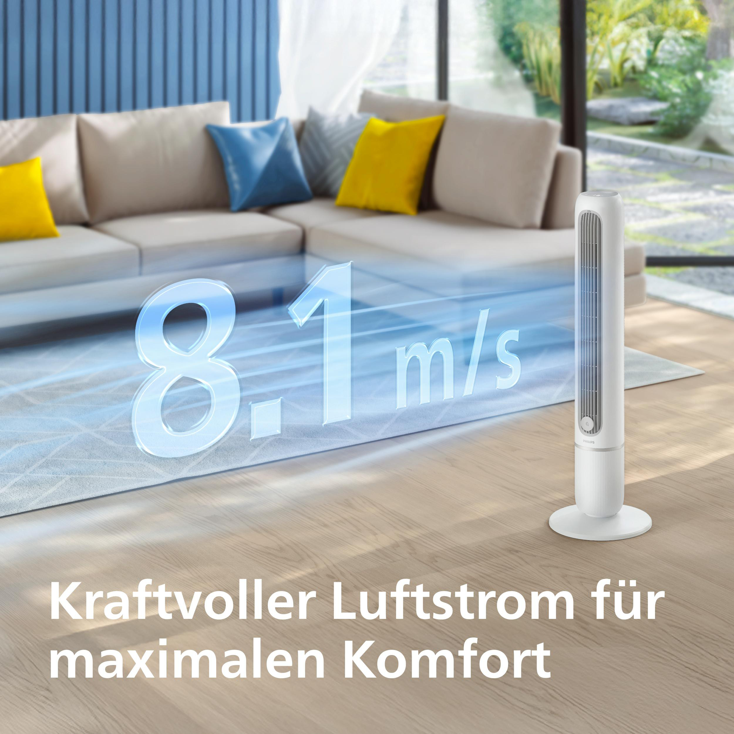 Weißer Turmventilator im Wohnzimmer mit dem Text "8.1 m/s" und "Kraftvoller Luftstrom für maximalen Komfort".
