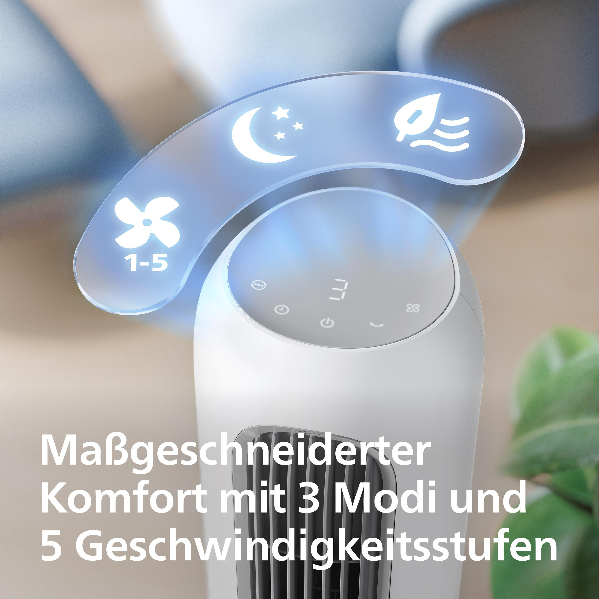 Moderner Turmventilator mit digitalem Display und schwebenden blauen Symbolen für Modi und Einstellungen.