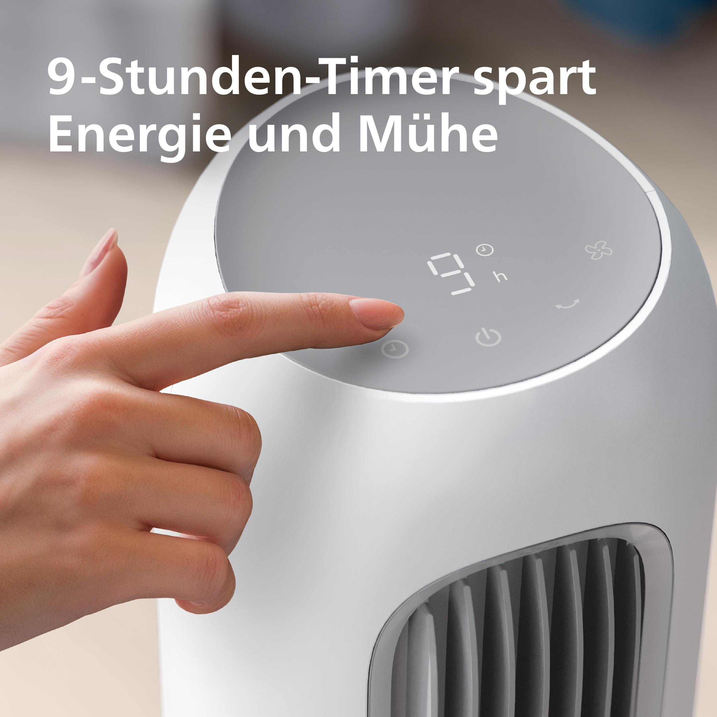 Ein Finger bedient das Touch-Bedienfeld eines modernen weißen Turmventilators mit 9-Stunden-Timer.