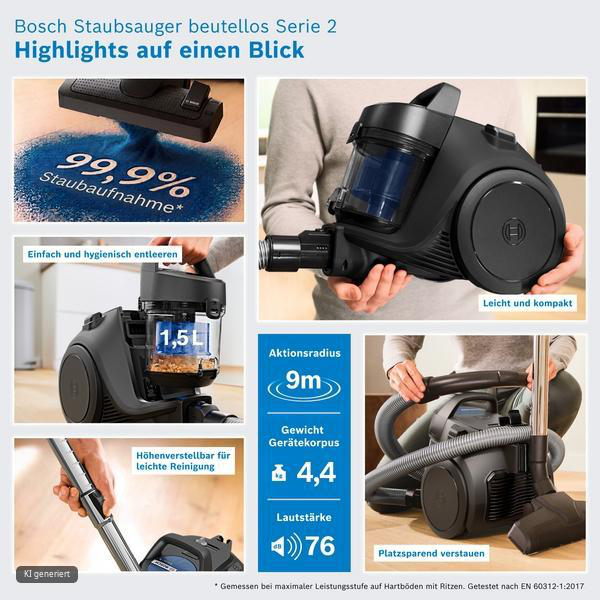 Produktübersicht des beutellosen Bosch Serie 2 Staubsaugers mit Funktionen und technischen Daten.