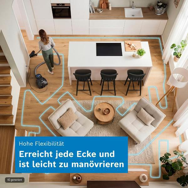 Luftaufnahme eines Wohnzimmers mit offener Küche und eingezeichnetem Saugpfad.