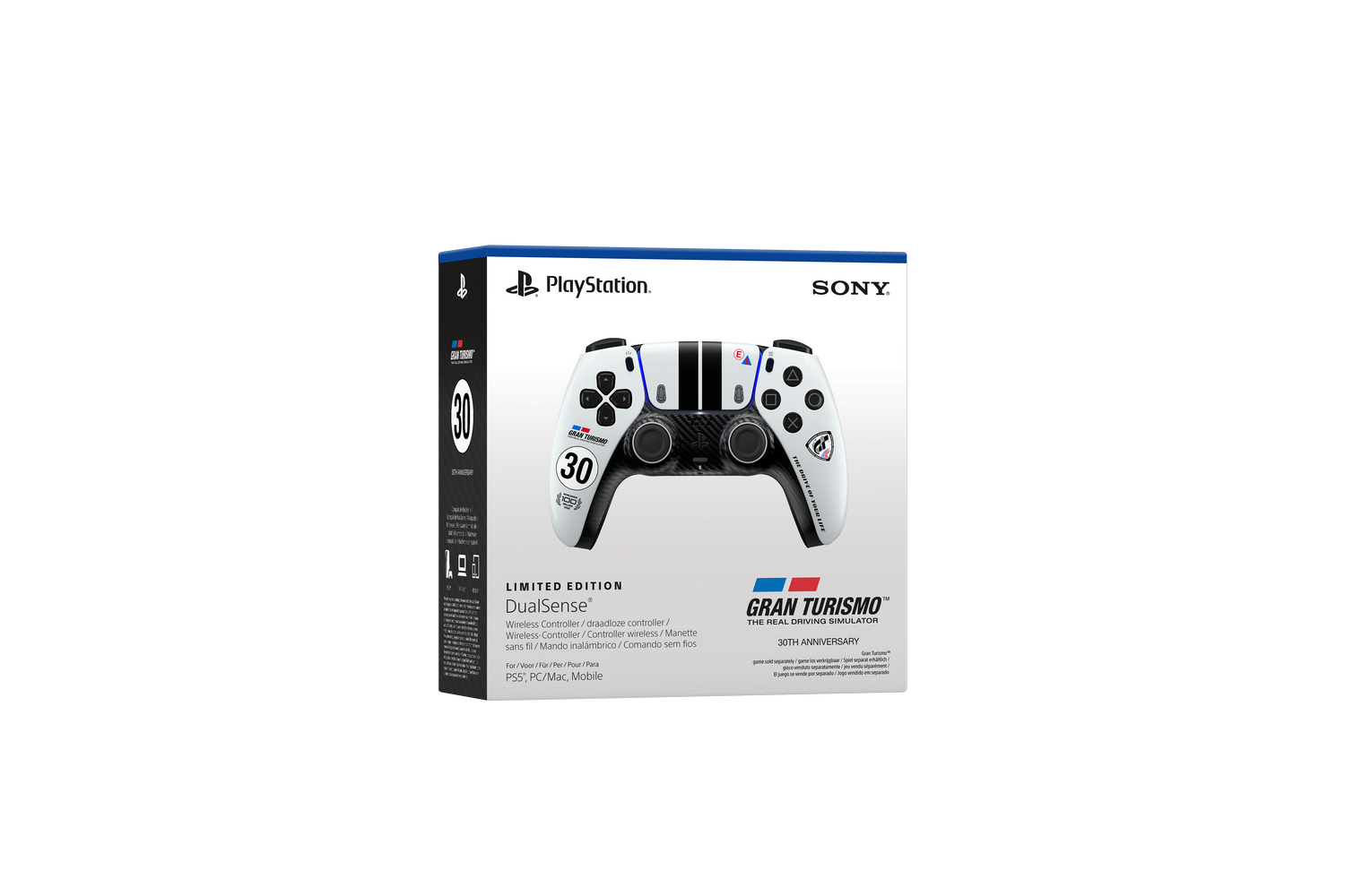 La caja de un mando inalámbrico DualSense edición limitada Gran Turismo 30 Aniversario para PlayStation.