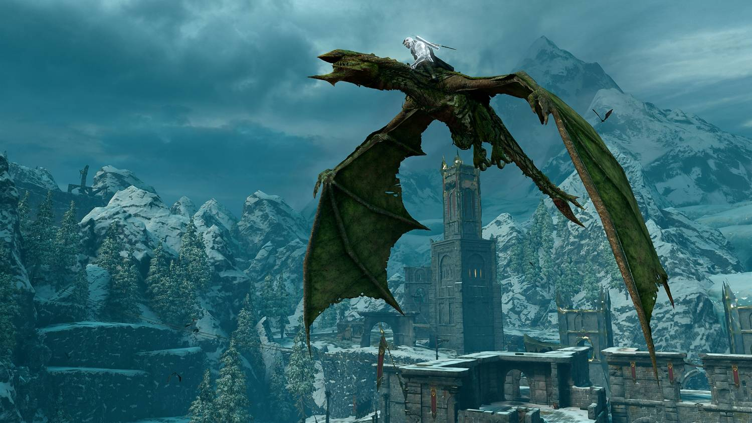 Un guerrero monta un gran dragón verde ante un fondo de montaña nevada y una antigua fortaleza.