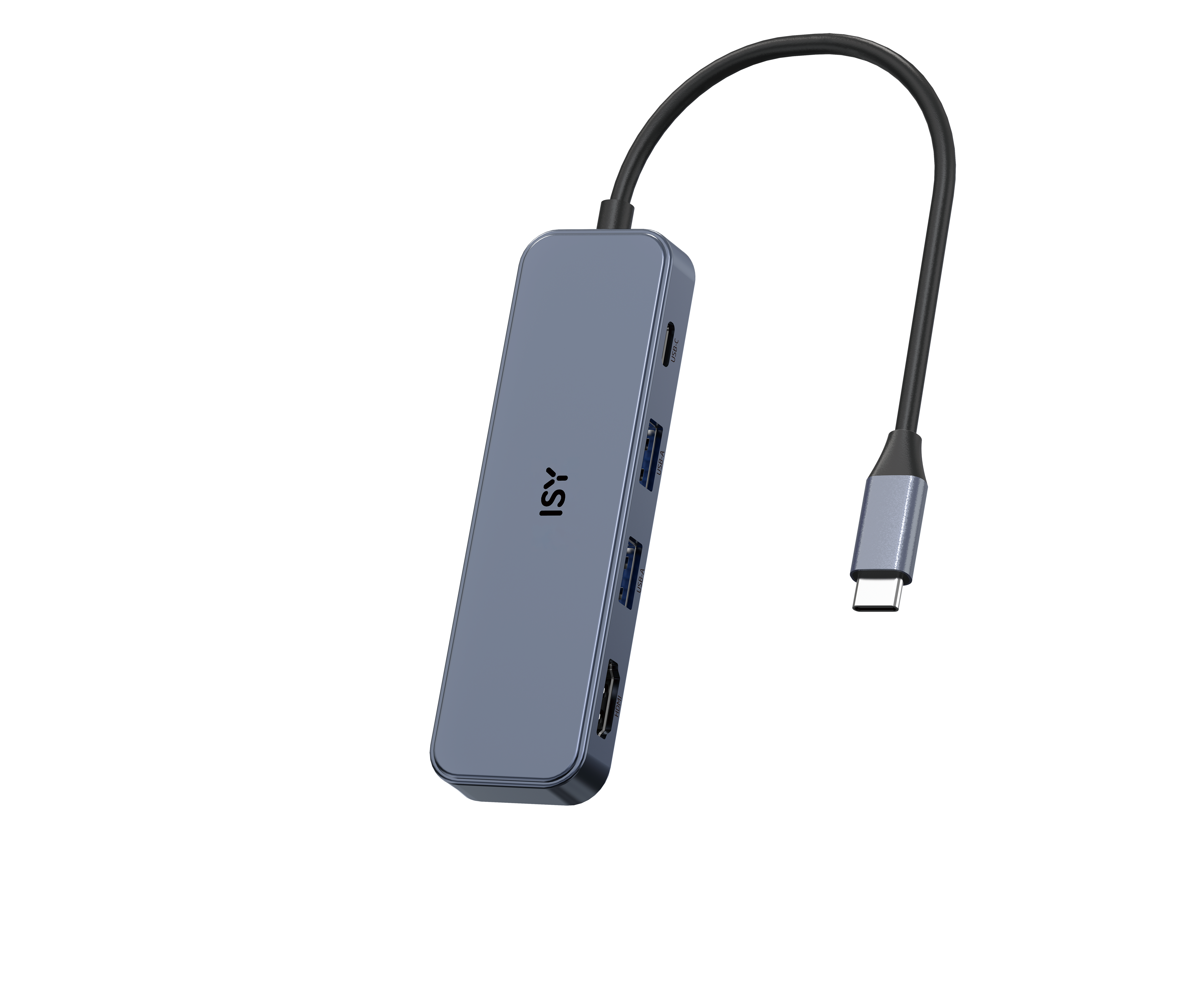 Siyah arka planda çoklu bağlantı noktalarına ve kısa kabloya sahip mavi ISY USB-C hub.